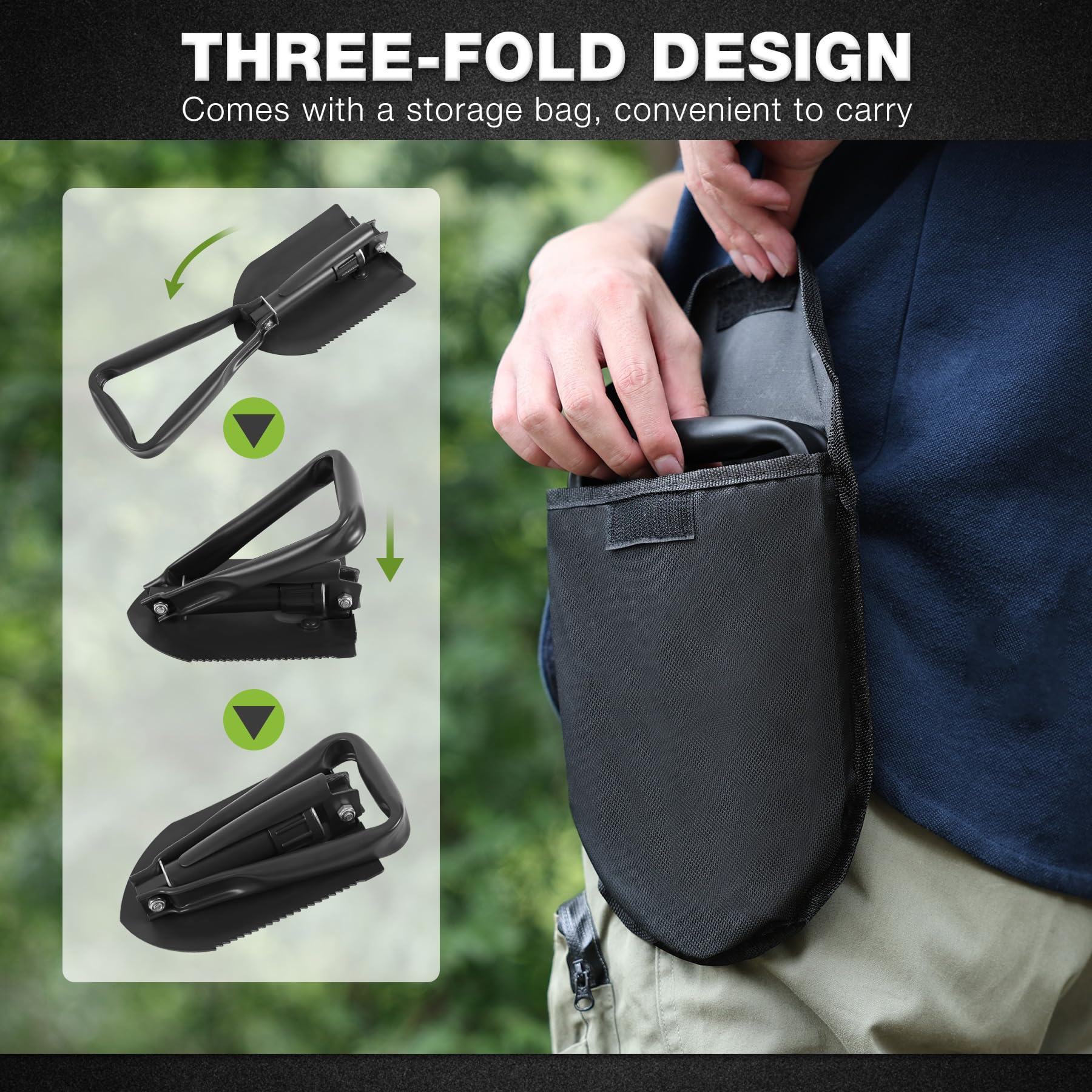 REDCAMP Pelle de camping pliante de survie de 58,4 cm avec housse, pelle robuste en acier au manganèse, outil d'enfoncement tactique avec poignée à trois volets, noire, 1,4 kg