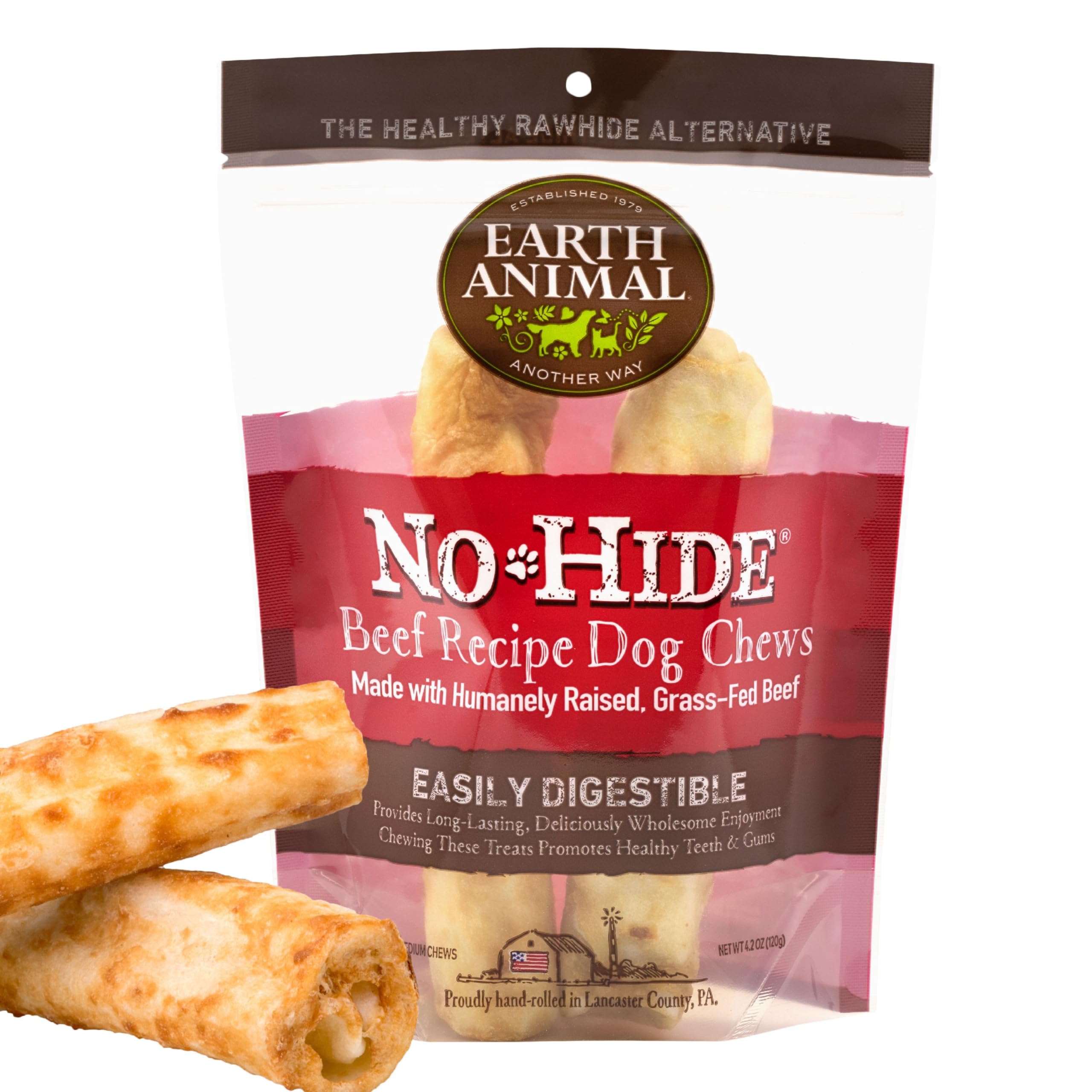 EARTH ANIMAL No Hide Golosinas masticables Medianas con Sabor a Vacuno, Alternativa Natural al Cuero Crudo, Duradero, para Perros | Golosinas para Perros medianos (1 Paquete)