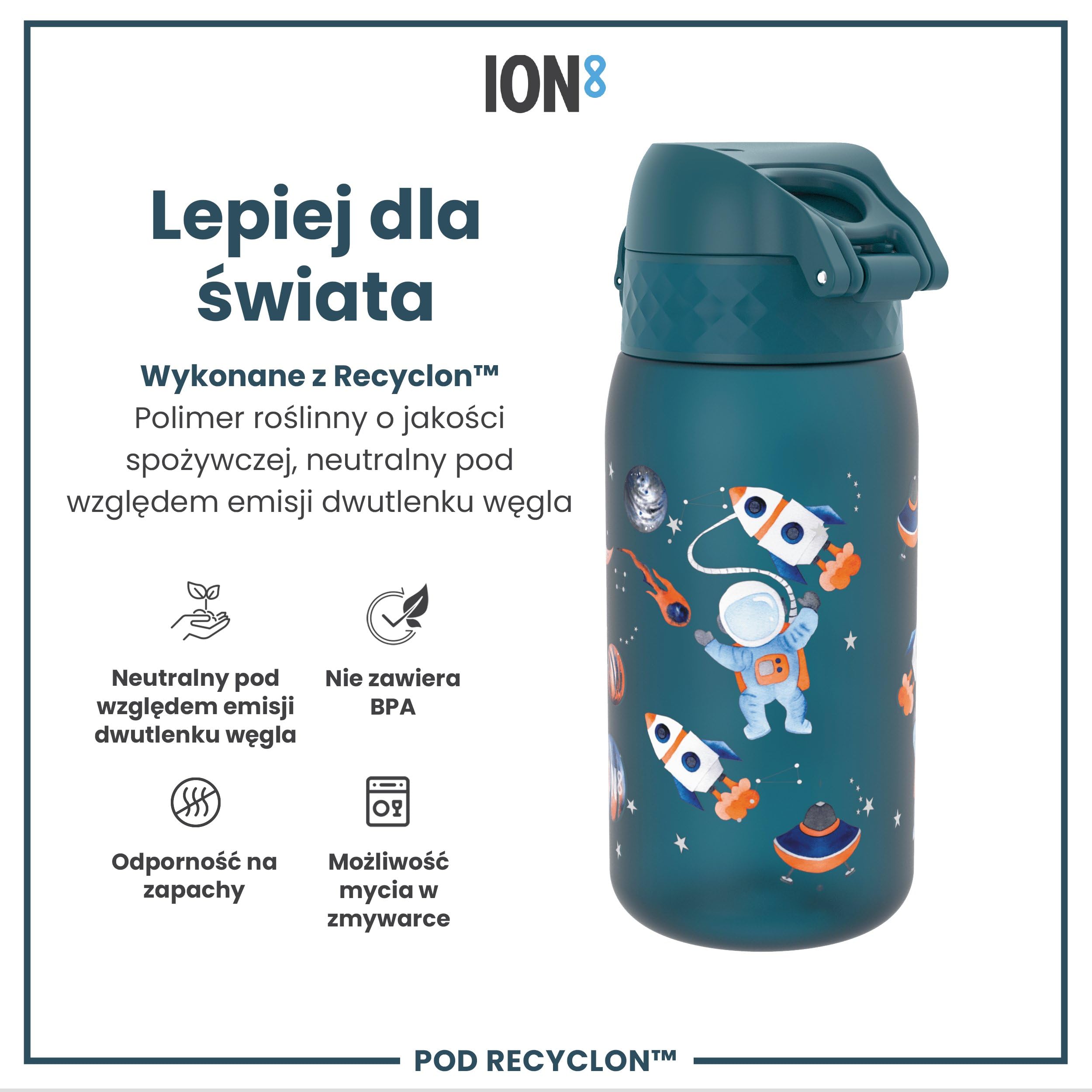 ION8 Butelka dla Dzieci, 350 ml/12 oz, Szczelna, Łatwa do Otwarcia, Bezpieczny Zamek, Można Myć w Zmywarce, Bez BPA, Uchwyt do Przenoszenia, Łatwa do Czyszczenia, Bezwonny, Wzór Podróż Kosmiczna