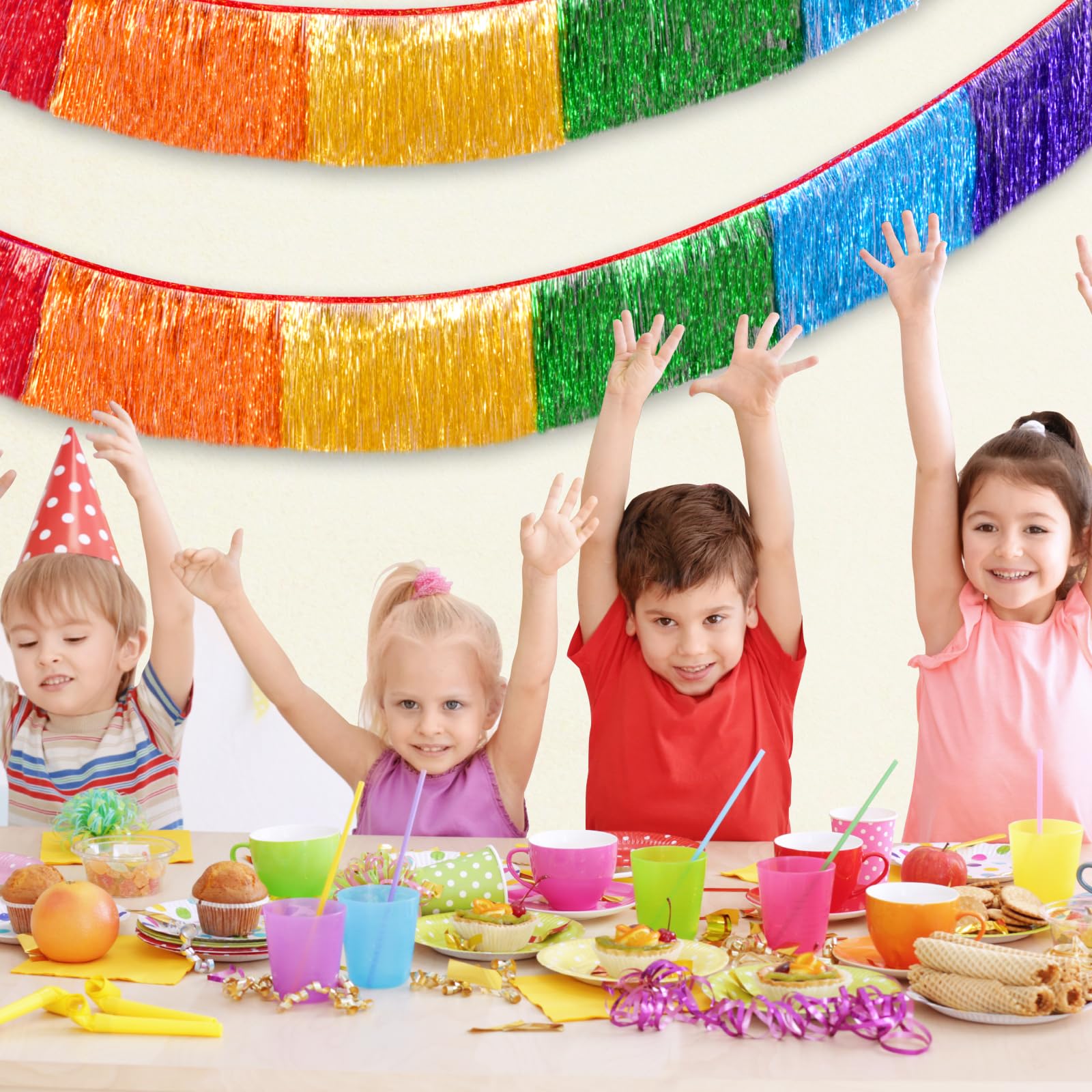 LOLStar Regenbogen-Lametta-Girlande, Metallic-Glitzer-Folien-Fransengirlande, hängende Regenbogen-Banner, Tischröcke für Geburtstag, Stolz, Parade, schwimmt