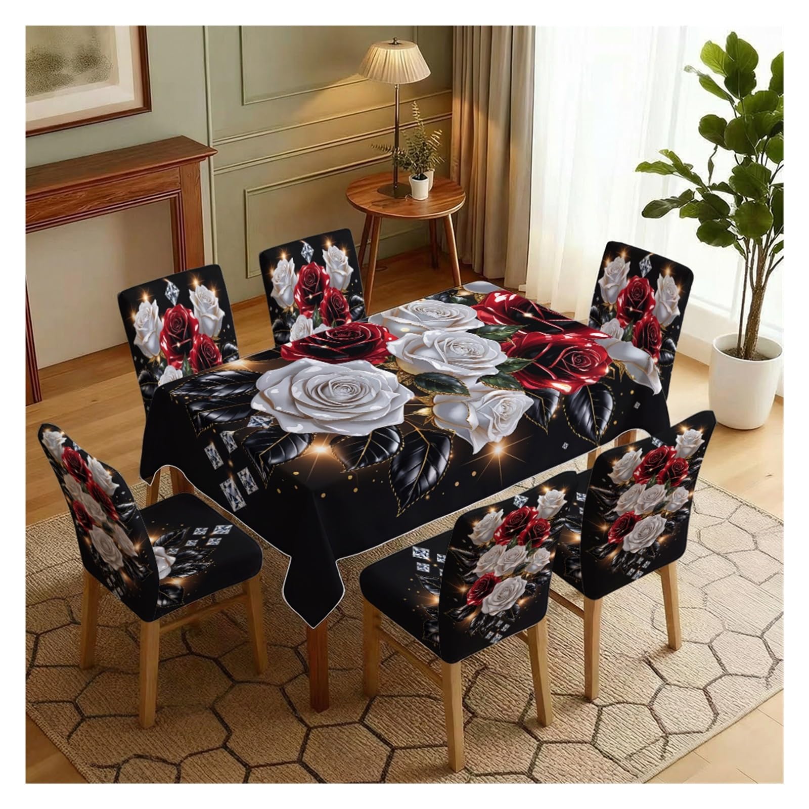 KXUAUV Stretch Dining Chair Slipcovers And Tablecloth Set, Black Red White Rose Rhinestone Print, 5/7 Pack For Gothic Romantic Dining Decor Party Decor(7pcs Set: Tablecloth+Chair Covers)
