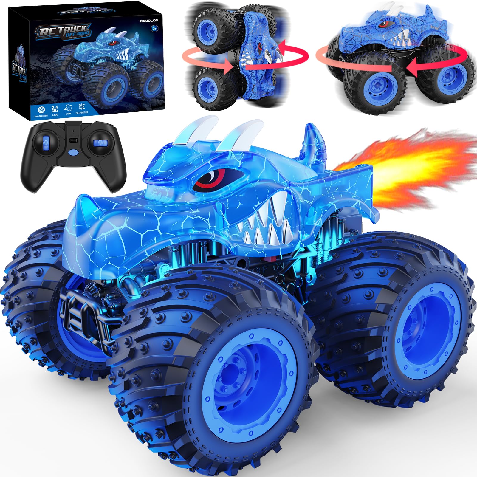 BAODLON Remote Control Monster Car, 2.4GHz RC Monster Trucks Toys for 3 4 5 6 7 8 Years Old Boys Kids, All Terrain RC Truck Off Road with Spray, Light, Rechargeable Battery, Christmas Birthday Gifts