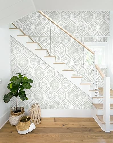 Miniatura 6 de HeloHo Papel tapiz de despegar y pegar, papel de pared verde y blanco, papel tapiz autoadhesivo extraíble moderno de granja para dormitorio, baño,