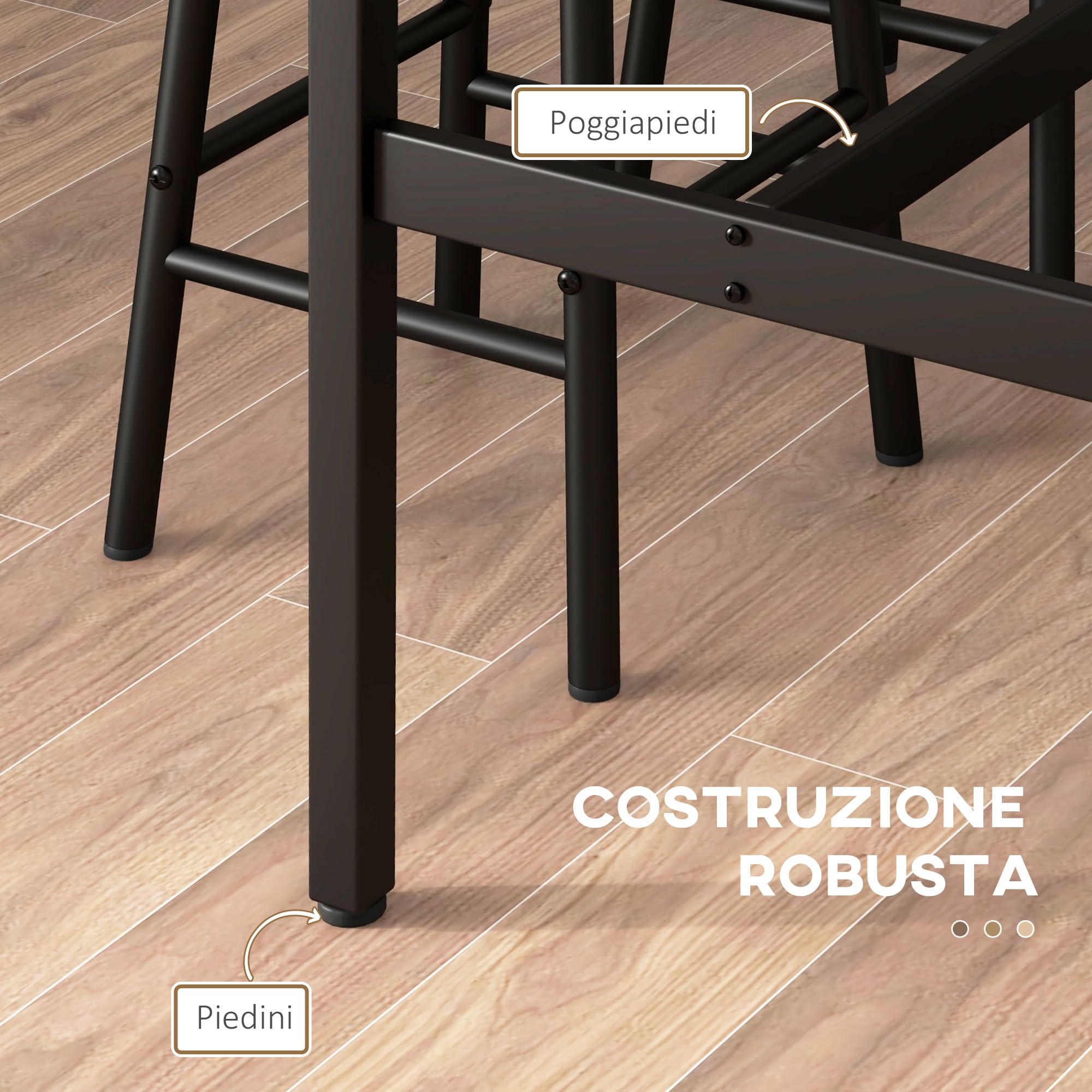 HOMCOM Set Tavolo Rettangolare 4 Posti e Sedie, 4 Sgabelli Poggiapiedi in MDF e Acciaio, Poggiapiedi Ø30x60 cm e Tavolo Rettangolare 105x40x90 cm, Nero e Marrone