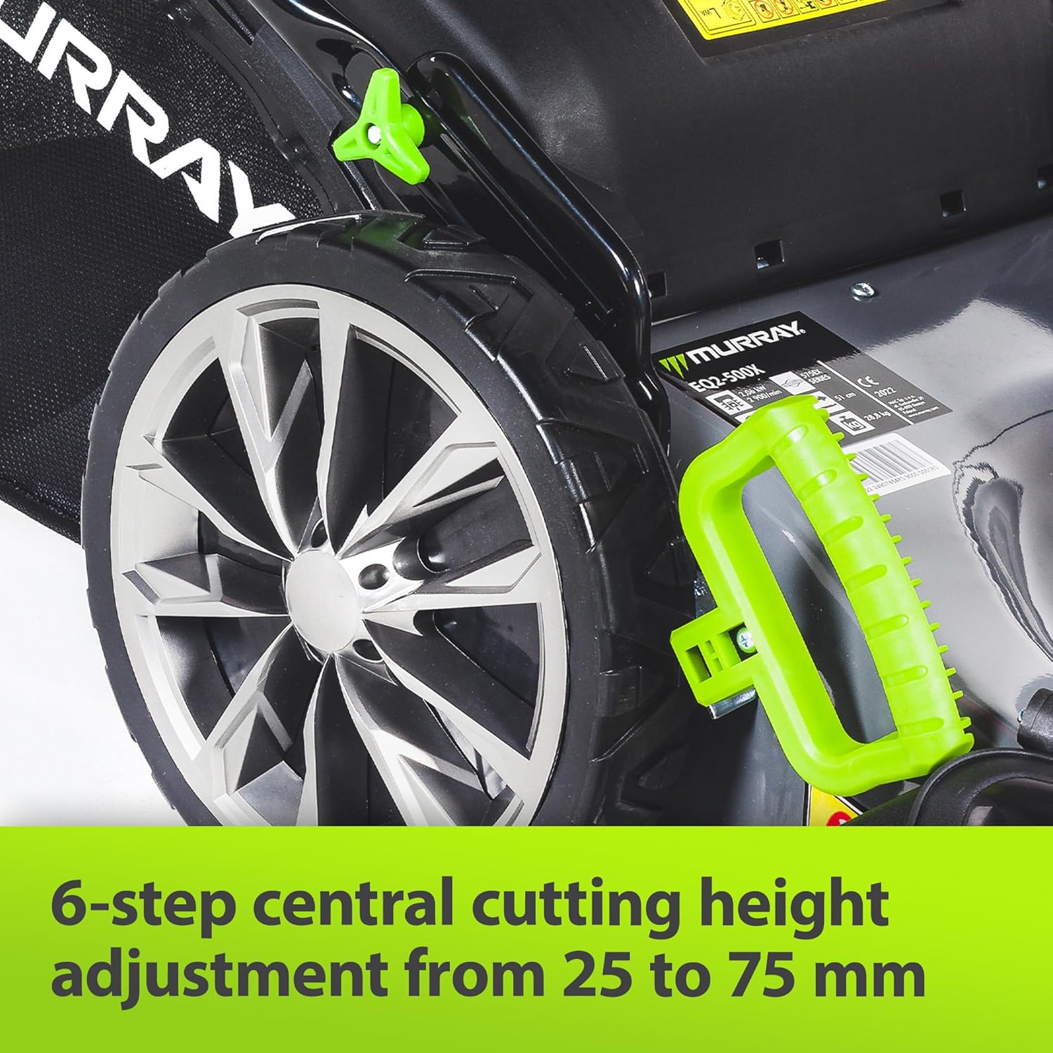 Close-up of the 6-step central cutting height adjustment lever on the lawnmower wheel.
