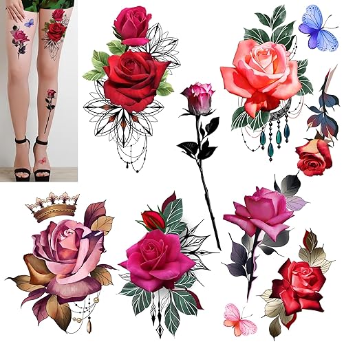 ROARHOWL Impresionantes tatuajes temporales de flores de rosas, tatuajes falsos de rosas grandes para mujer, juego de tatuajes de rosas (rosa 3)