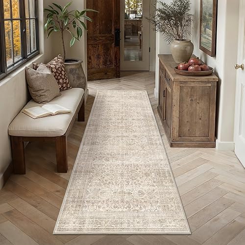 Schweek 2.6x8 Runner Rug Hallway Washable Non Slip Vintage Beige