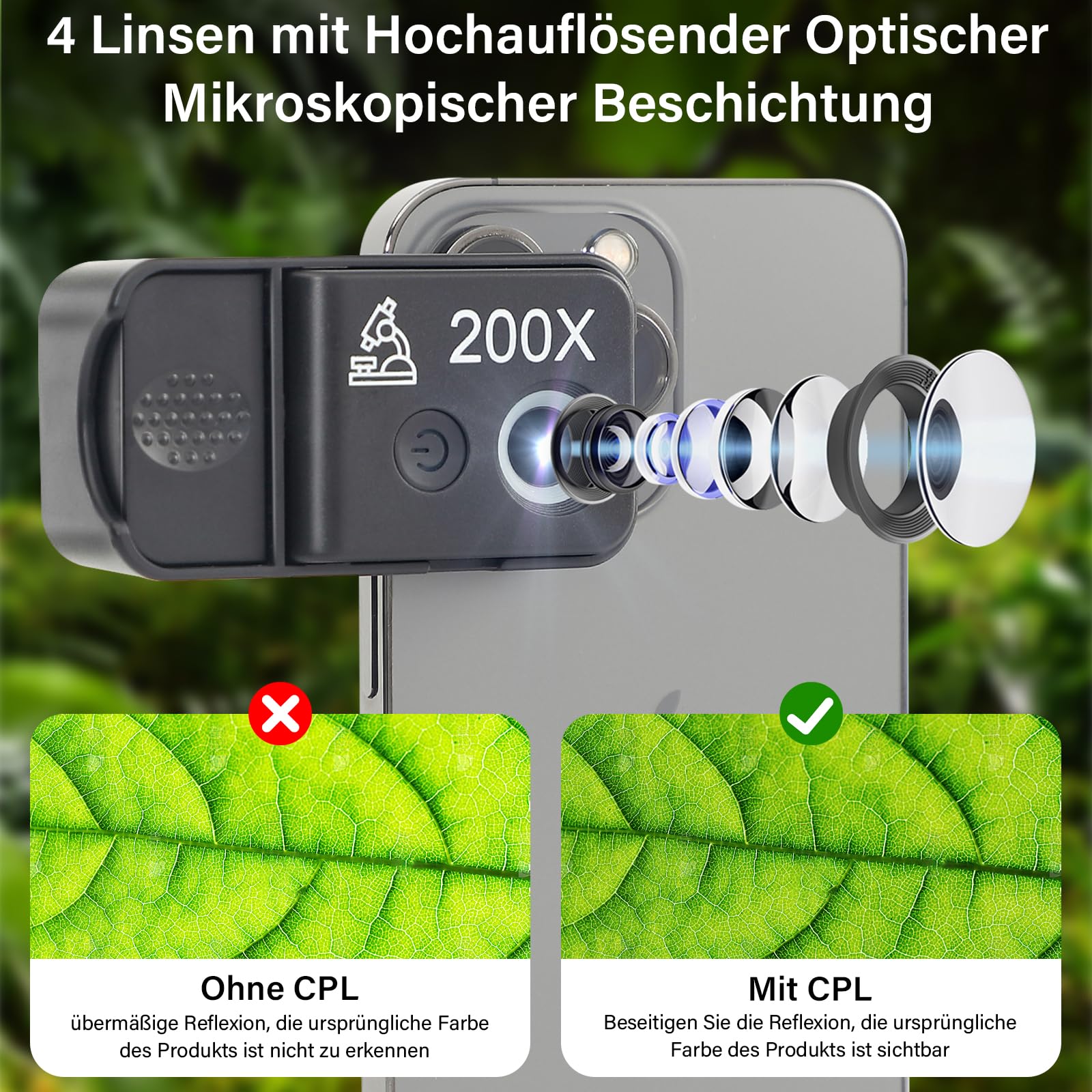 HidWee 200x Handy Mikroskop mit CPL, Mini-Mikroskop Lupe für Smartphone Kamera mit LED, Taschenmikroskop für Explore Micworld Digitales Kompatibel mit iPhone/Samsung/Xiaomi
