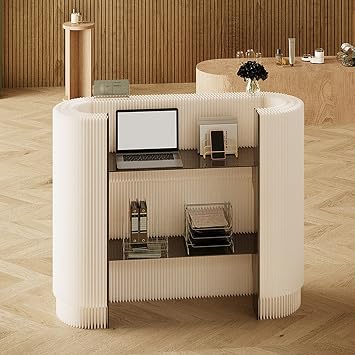 Modern Reception Desk,Retail Checkout Counter Desk Receptionist Table,Front Office Desk,Curved Portable Check Out Stand for Craft Shows,Display Rack,for Small Spaces,Bar,Store,Hotel,LobbyWhite