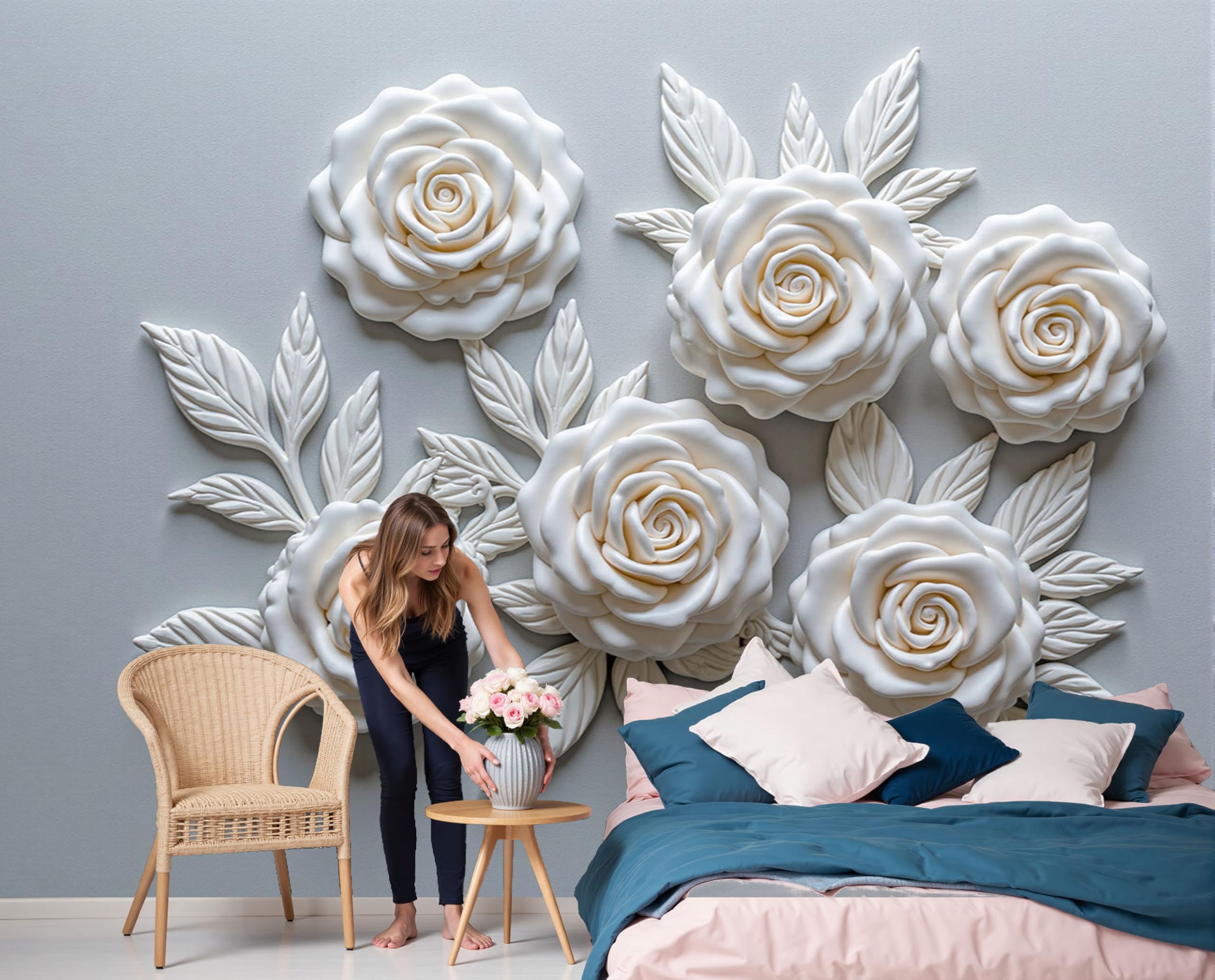 Papier peint panoramique soie decor floral poétique roses blanches
