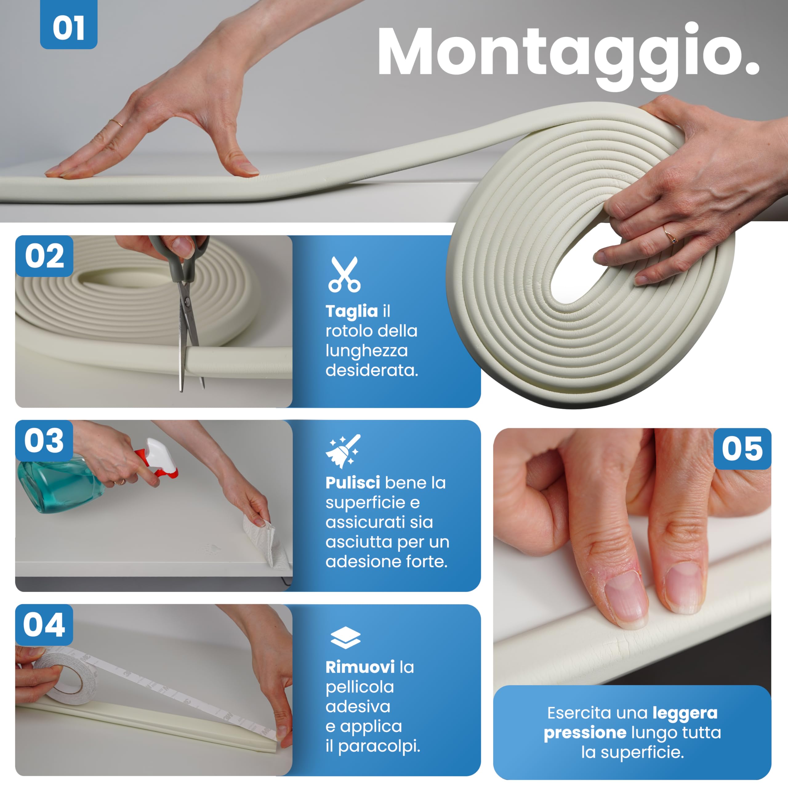 Happy Chlea Copri Angoli in Gomma con Schiuma Attiva, Kit Sicurezza Casa 2m Parabordi + 4 Angolari Morbidi + 2 Blocca Cassetti