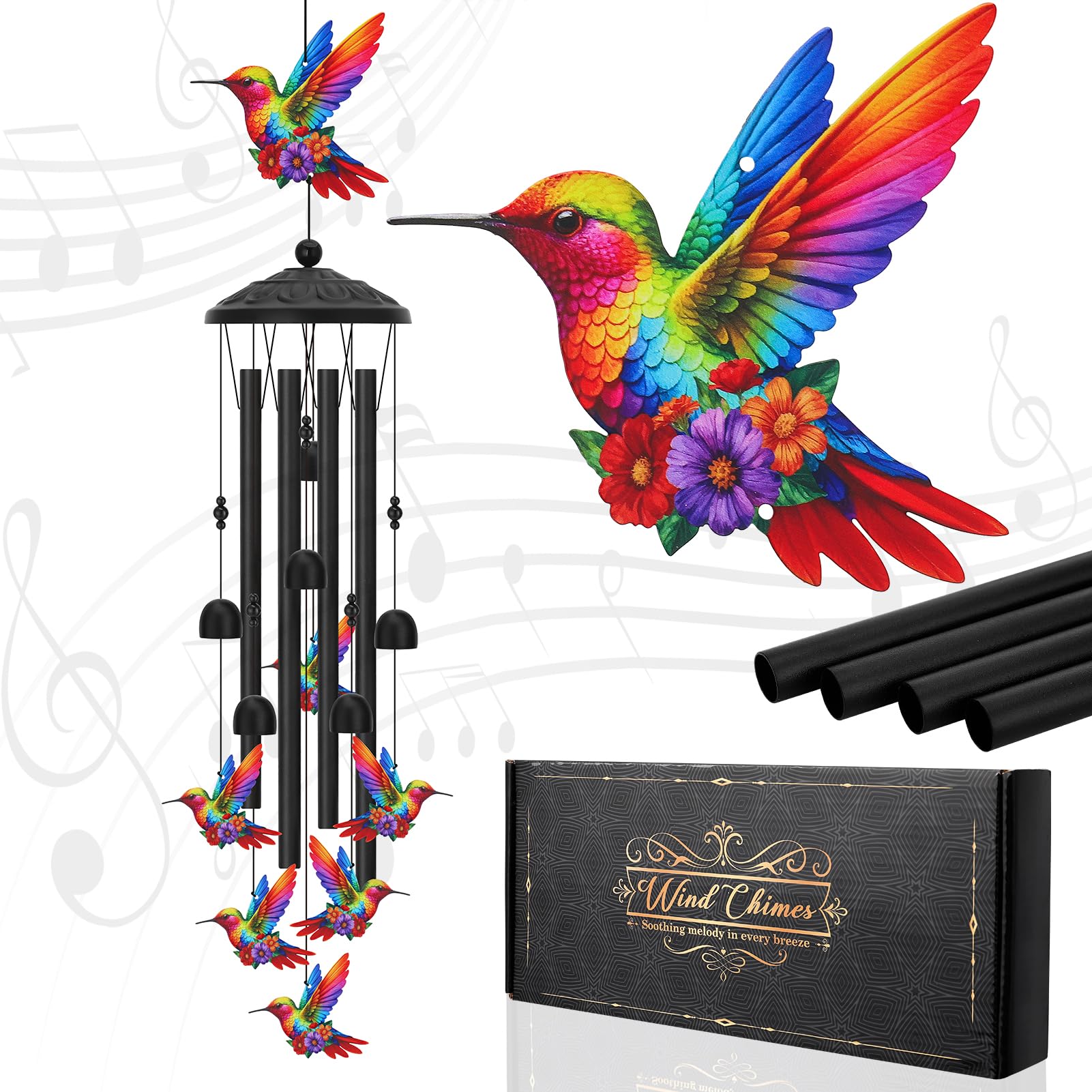 Meng Jiaran Colorful Hummingbird Wind Chimes for Outside Metal Windchimes for Hummingbird Lovers, 35 Inch Wind Chime Garden Decor for Birds Memorial, Birthday Gifts for Patio, Porch,Yard Decor