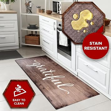 J&V TEXTILES Anti Fatigue Kitchen Runner Mat- 20 x 55 Oversized Long Non Slip PVC Rubber Kitchen Area Rug- Cushioned Comfort Mat With Foam Backing For Office Standing Desk Or Laundry Room [Grateful]