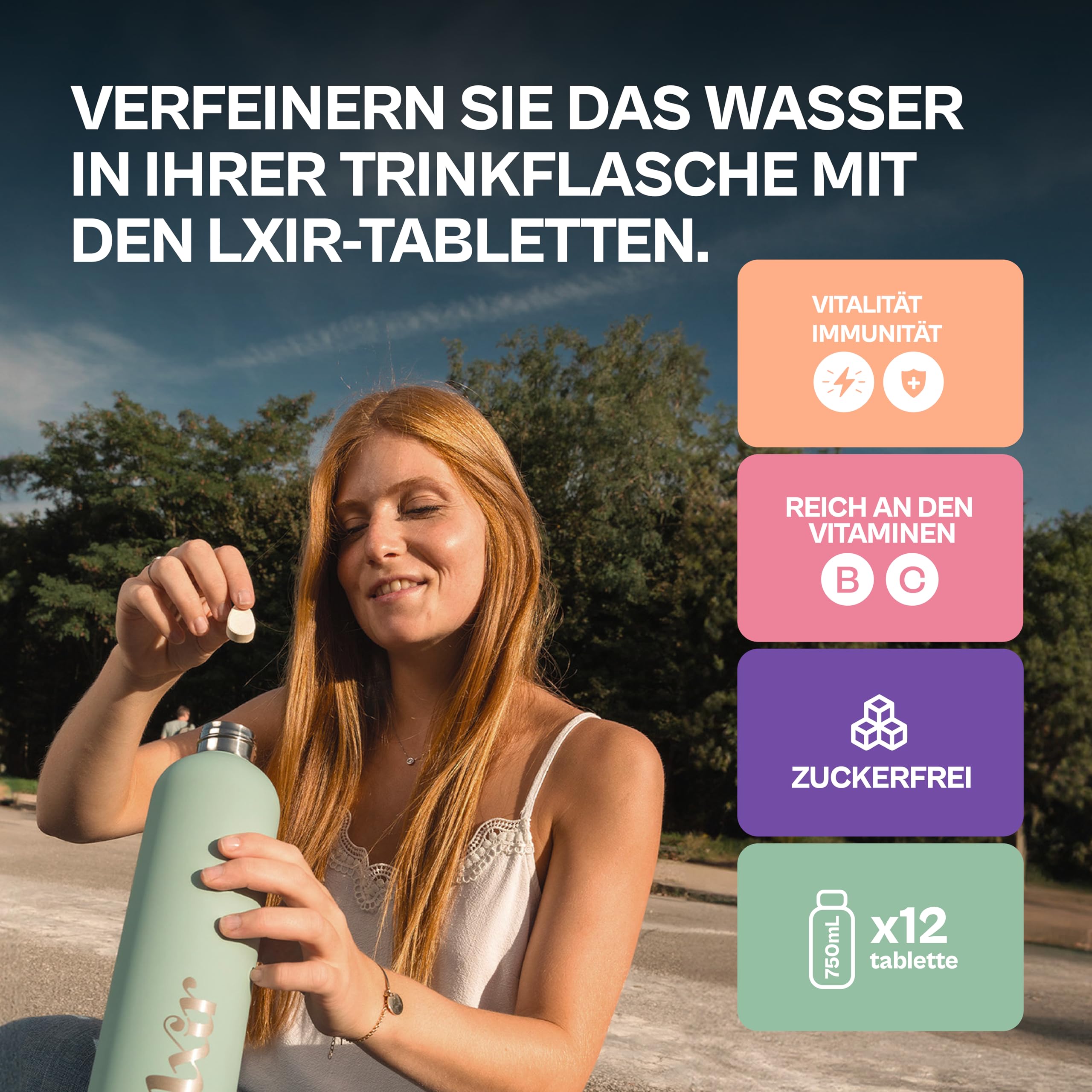 LXIR DRINK Multivitamin-Brausetabletten – Zuckerfrei, 5 Geschmacksrichtungen, mit Vitamin C & B-Komplex – Für tägliche Hydration, Energie & Haut-Schönheit – 60 Tabletten + Trinkflasche