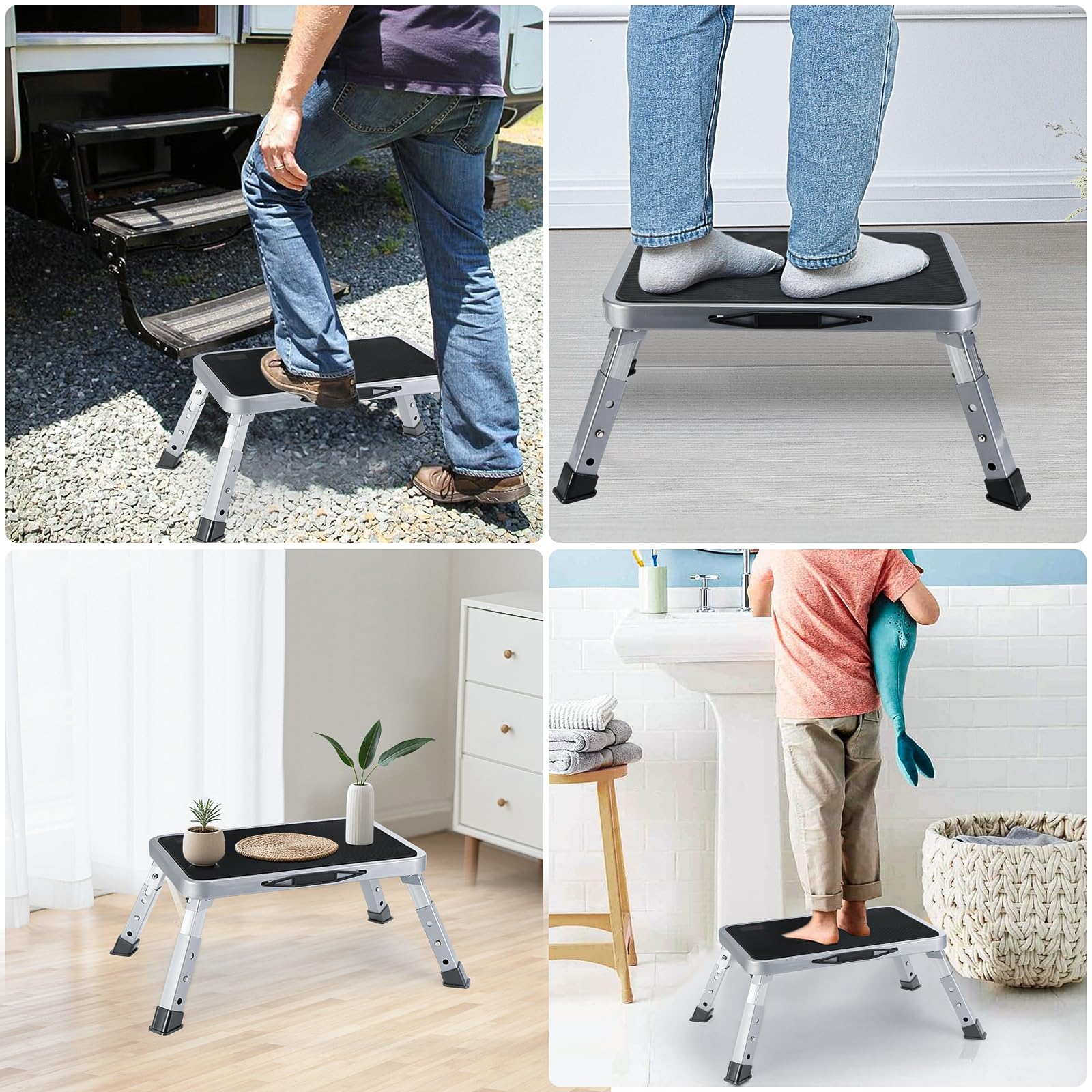 Taburete Plegable Portatil Cocina,Taburete Plegable con 3 Nivele,Banco Plegables Portatil 150kg Capacidad de Peso,Escalera Multifuncional Portátils y Plataforma Antideslizante para Cocina,Dormitorio