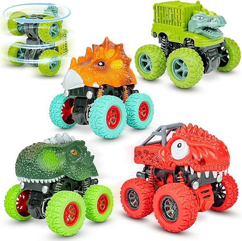 Beestech Juguetes de dinosaurio para niños de 2, 3, 4, 5 años, empujan y tiran, impulsados por fricción de dinosaurio, camiones monstruos, vehículos
