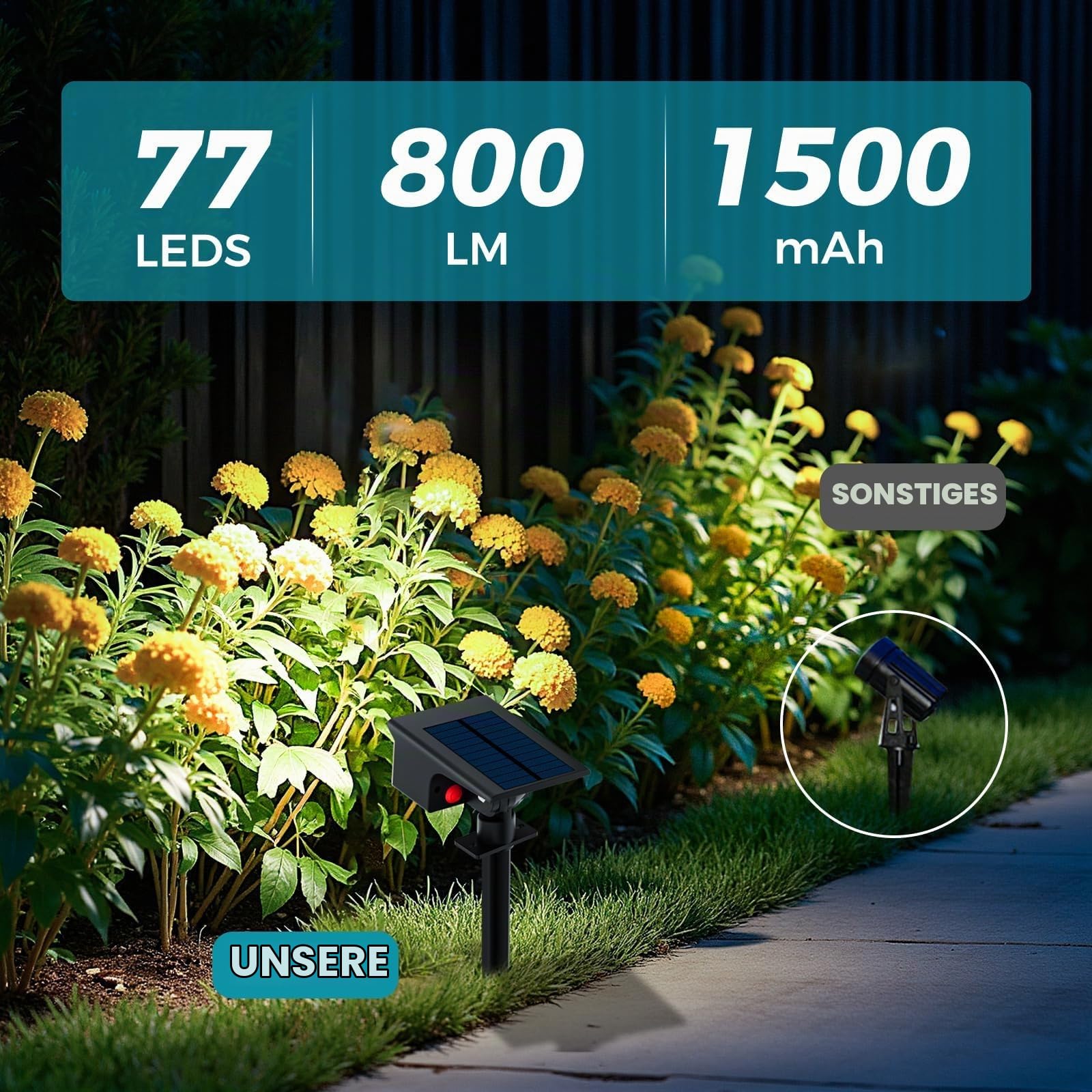 kolpop [6 Stück/ 77 LEDs Solar Gartenleuchten für Außen, 6000K Kaltweiß Baumbeleuchtung, IP65 Wasserdicht, 3 Modi, 800LM Solar Strahler, Dusk to Dawn Solarlampen für Hof Weg Outdoor Pflanzen