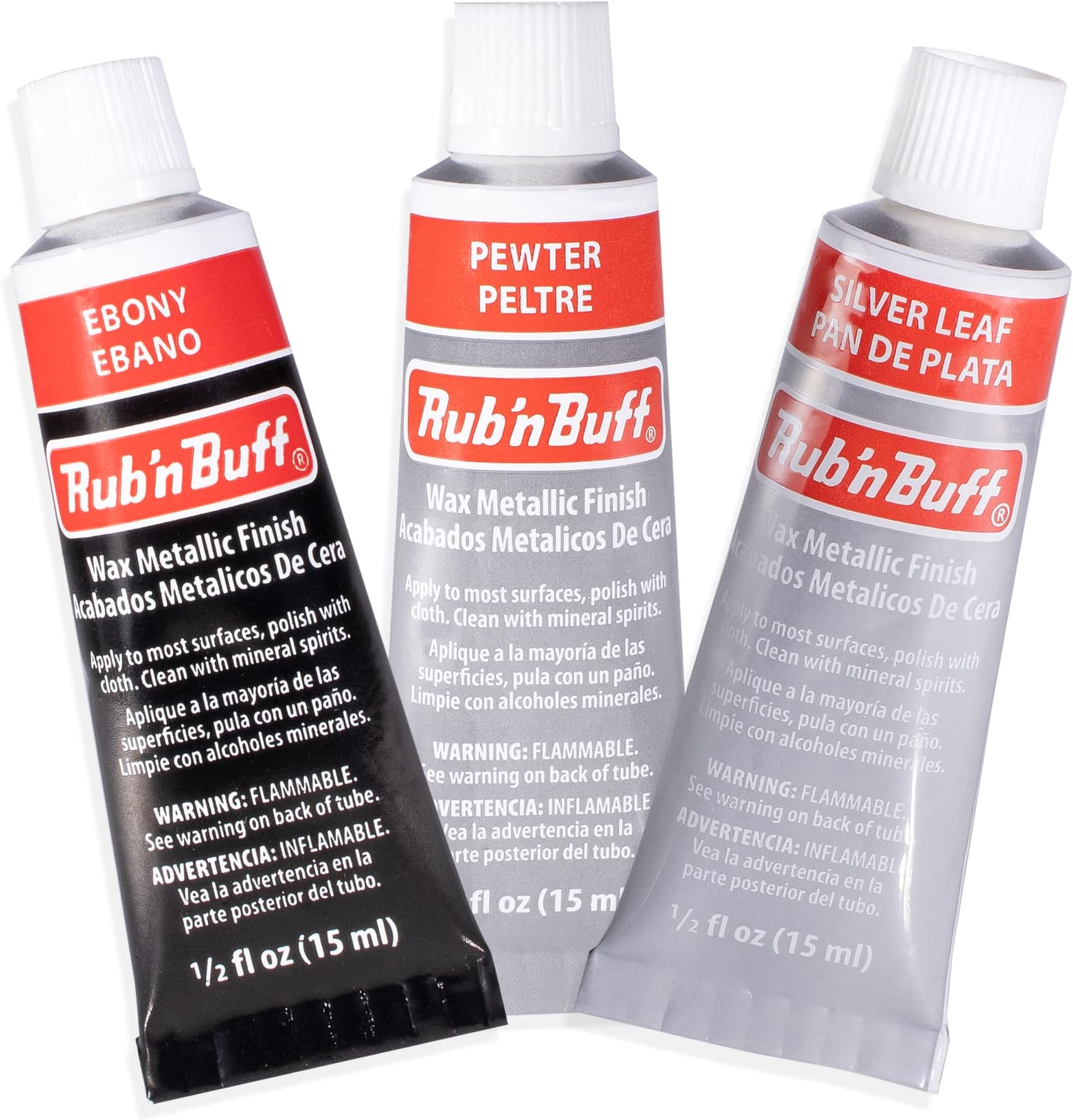 AMACO Rub n Buff Wax Metallic Finish Grey Kit - Ebony Silver Leaf and Pewter 15ml Tubes - Versatile Gilding Wax for Finishing Furniture Antiquing and Restoration - 3 Rub and Buff Colors