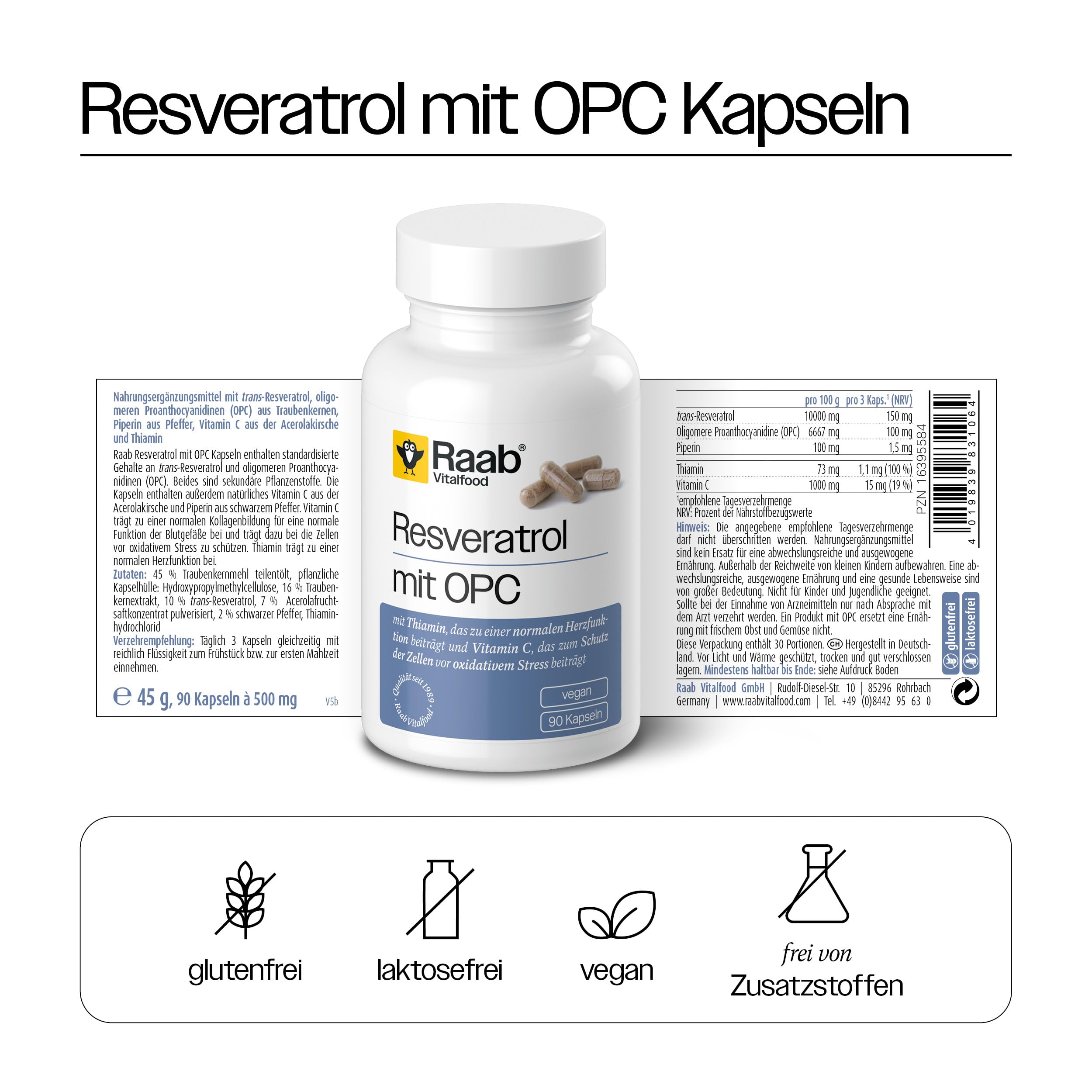 Raab Vitalfood® Resveratrol mit OPC Kapseln (90 Stück) - mit trans-Resveratrol, OPC-Extrakt, Thiamin, Piperin und Vitamin C aus der Acerolakirsche zum Schutz der Zellen vor oxidativem Stress