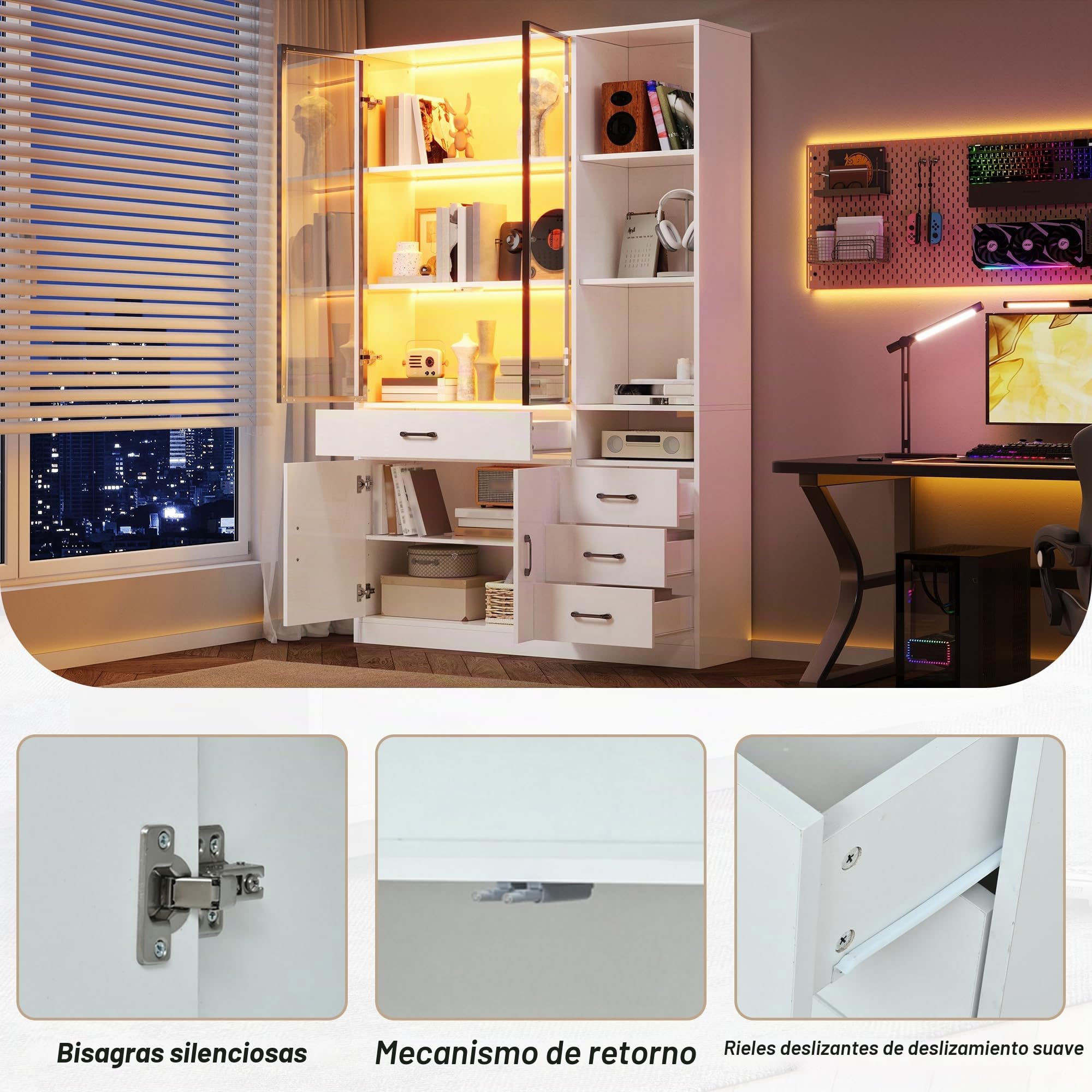 Kebnor Armario alto con vitrina de cristal y LED, estantería para libros con 13 zonas de almacenamiento, 4 cajones y puertas, armarios de almacenamiento, armarios de almacenamiento, adecuado para