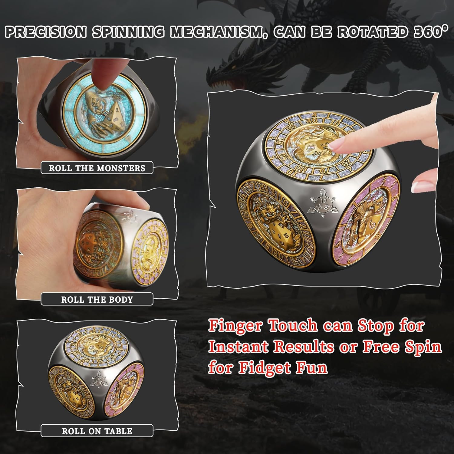 DND Spinner Metal Dice Fidget, Rotating Dice Set for Role Playing Gaming with Box, Polyhedral Dice with 3D Relief Design, for Dungeons and Dragons and Tabletop Games(Gradient Blue Bronze)
