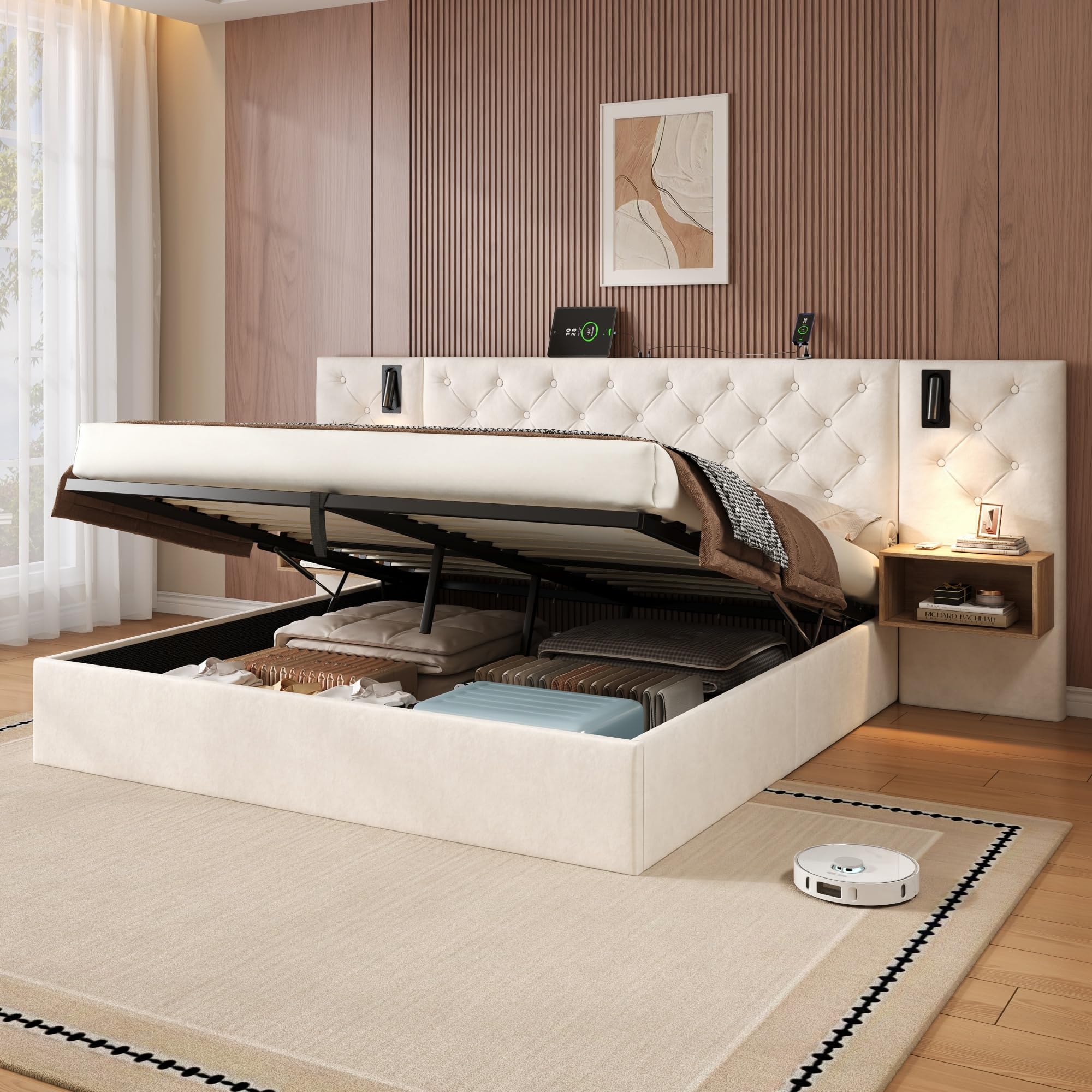 4ft6 Double Ottoman Bed With Hydraulic Lift&LED Storage Headboard, Functional Upholstered Bed Frame With LED Lighting&USB Type-C Charging, Linen Gas - View #3