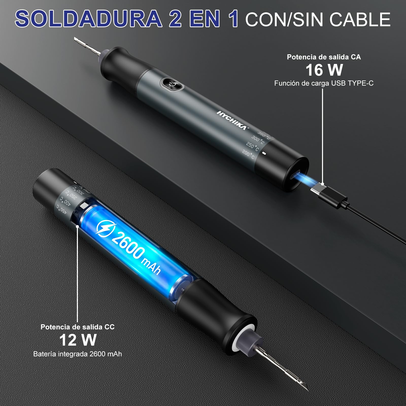 HYCHIKA Soldador Estaño, con Batería de 2600mAh, Calentamiento Rápido en 7 Segundos (200℃-450℃), Suspensión/Apagado Automático, Soldador de Estaño para Reparación Electrónica, Soldadura y DIY