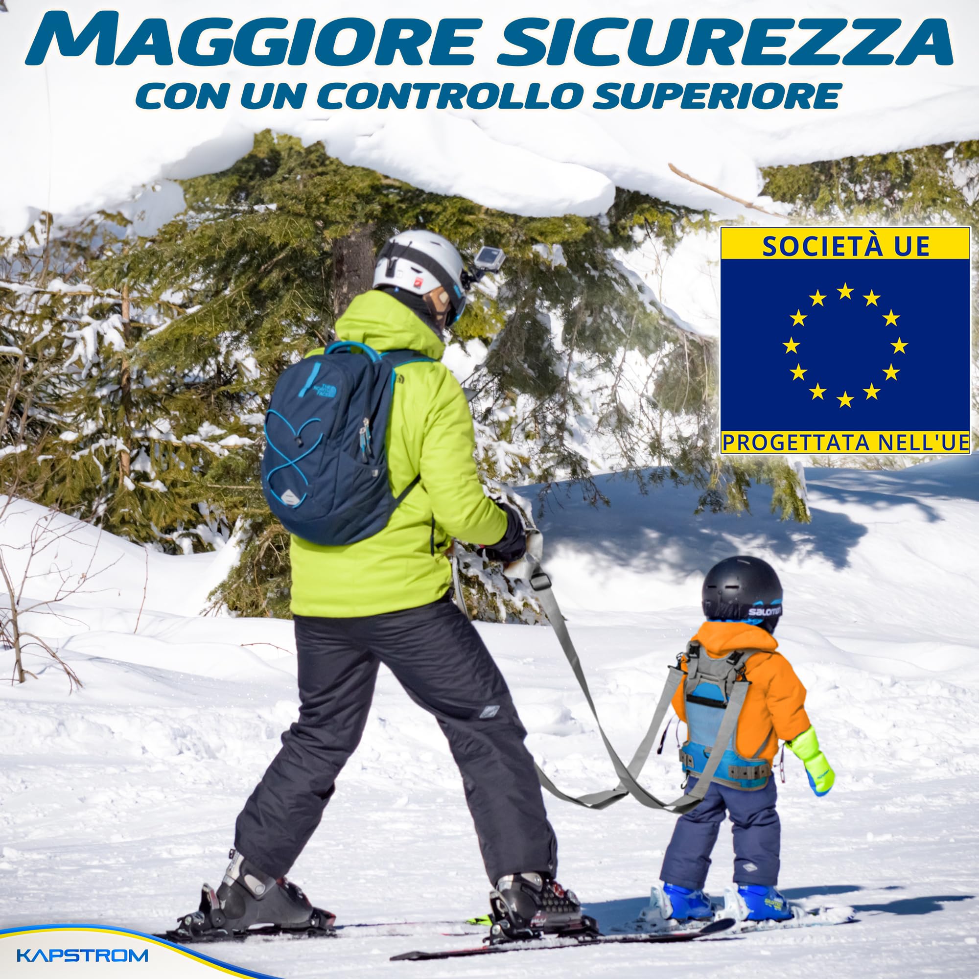 Imbragatura per allenamento sci e snowboard per bambini - 2 cinghie di guida per sterzare e controllare la velocità - Zaino per allenamento sci con spallacci regolabili
