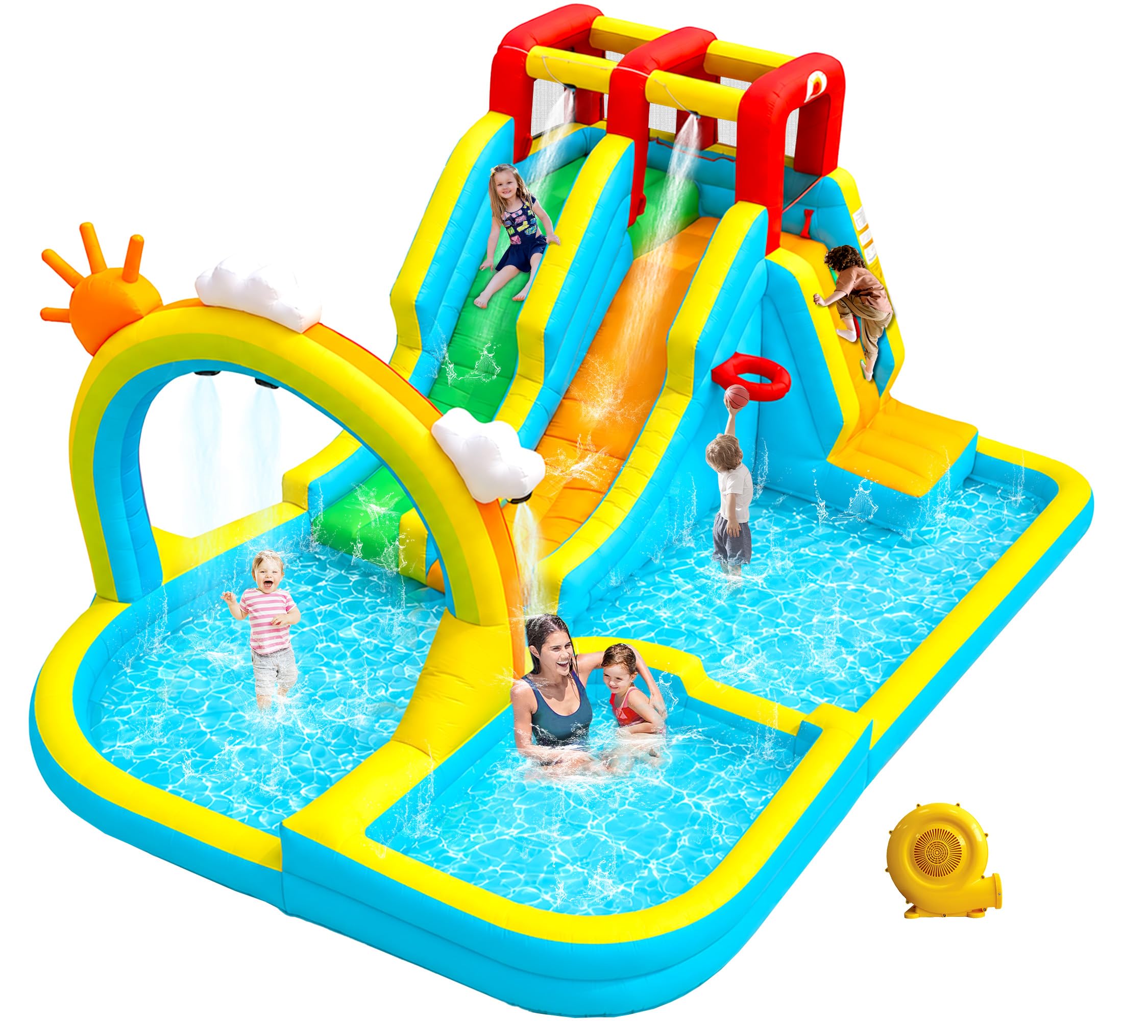 WELLFUNTIME Inflatable Water Double Slides Park with Blower, Bouncy Castle with Rainbow Water Curtain, with Shooting and Rock Climbing