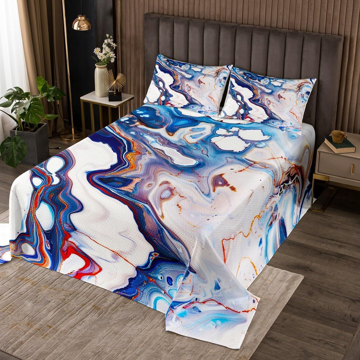 Girls Colorful Marble Quilt Set Women Abstract Marble Texture Coverlet Set for Boys Kids Bright Decor Psychedelic Swirl Bedspread Blue Purple and Coral Red Quilted Bedroom Collection Queen Size 3Pcs