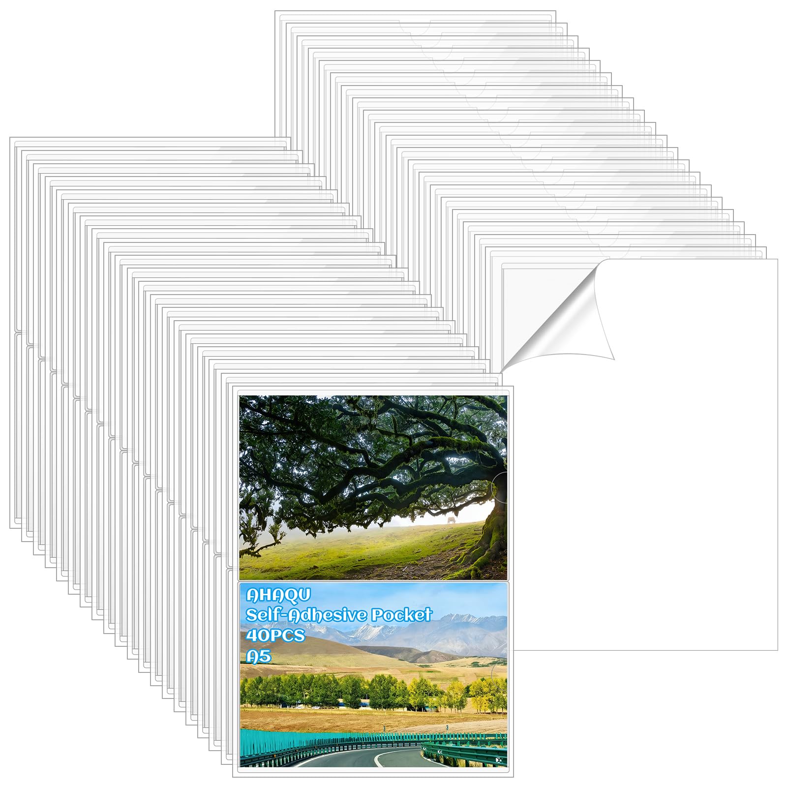 AHAQU 40PCS A5 Self-Adhesive Pocket, Transparent Plastic Filing Holder Permit Holders, Sticky Document Enclosed Wallet Sleeves Label Holders for Home, Office, School and Travel