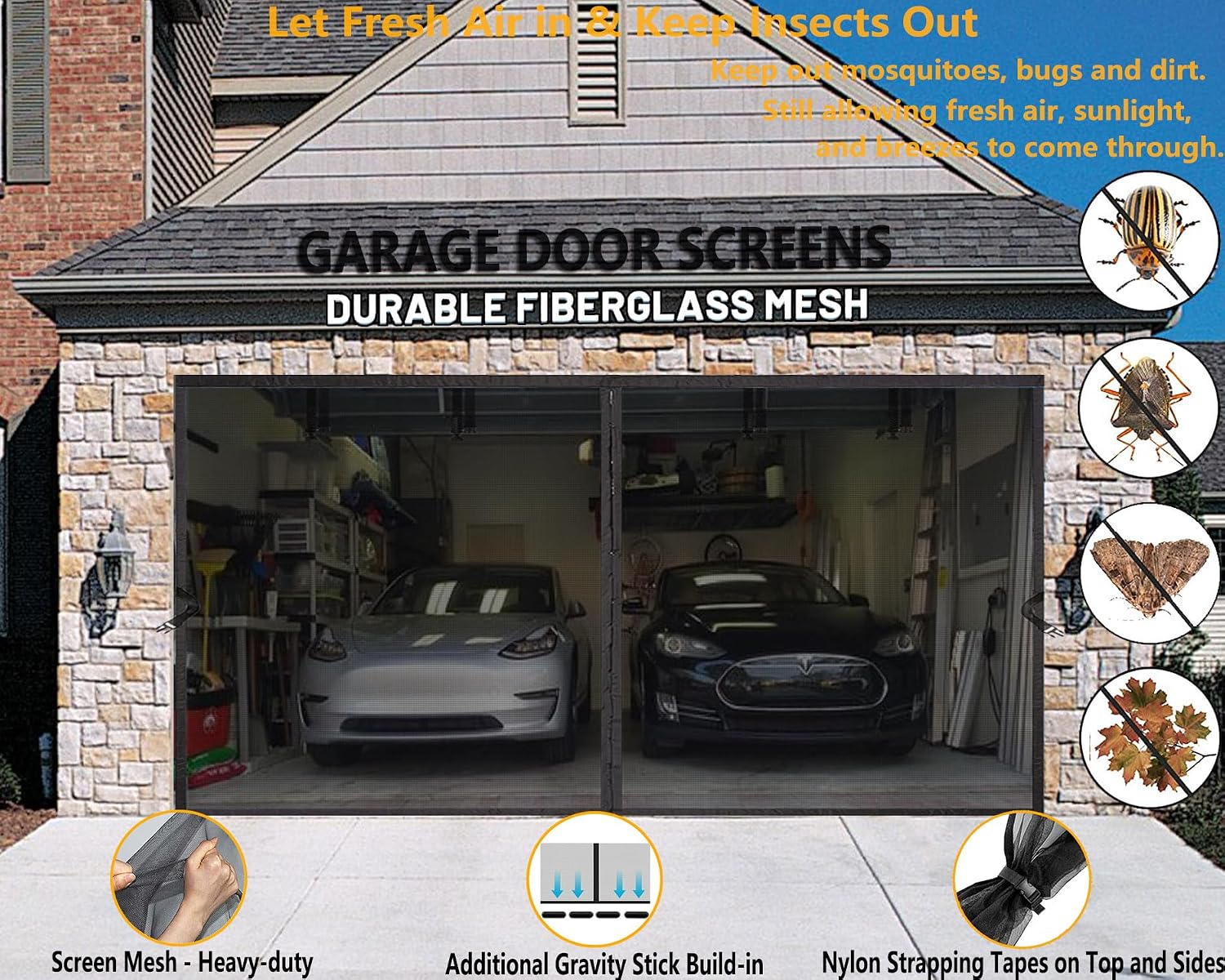 Garage Door Screen Kit 15x7ft with Magnetic Closure - Garage Net, Heavy-Duty Fiberglass Mesh for 15x7 FT 2 Car Garage, Blocks Bugs & Provides Privacy - Perfect for Patio Workshop Gym Porch