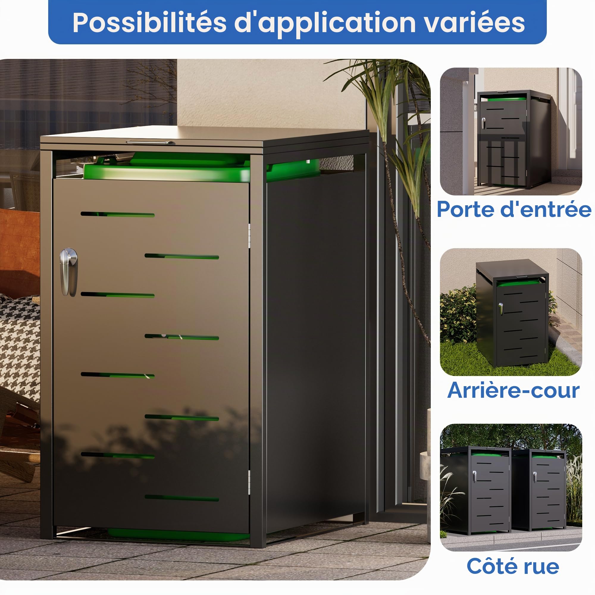 SUPEER Cache-poubelles 2 et 1 compartiments | jusqu'à 240 litres | noir | acier galvanisé | amortisseurs premium | résistant aux intempéries | tiges hydrauliques | poignée de porte avec serrure |