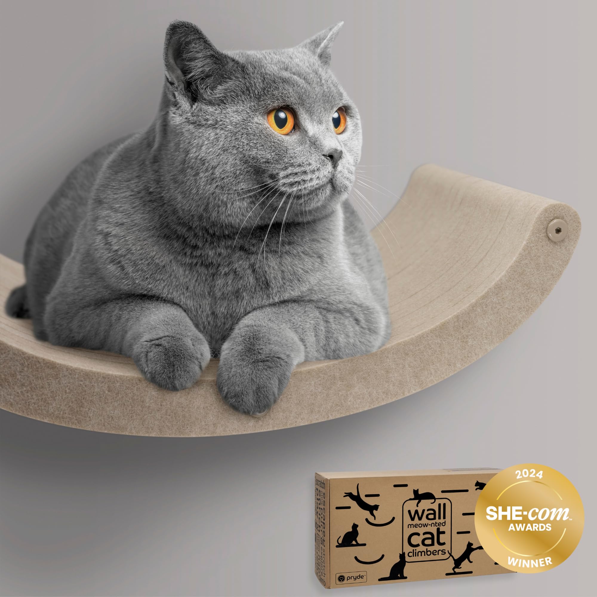 Wall Mounted Cat Hammock Bed by Pryde Pets - Floating Perch Curved Shelf, 100% Sustainable PET Felt Feline Enrichment Climber Furniture for Indoor