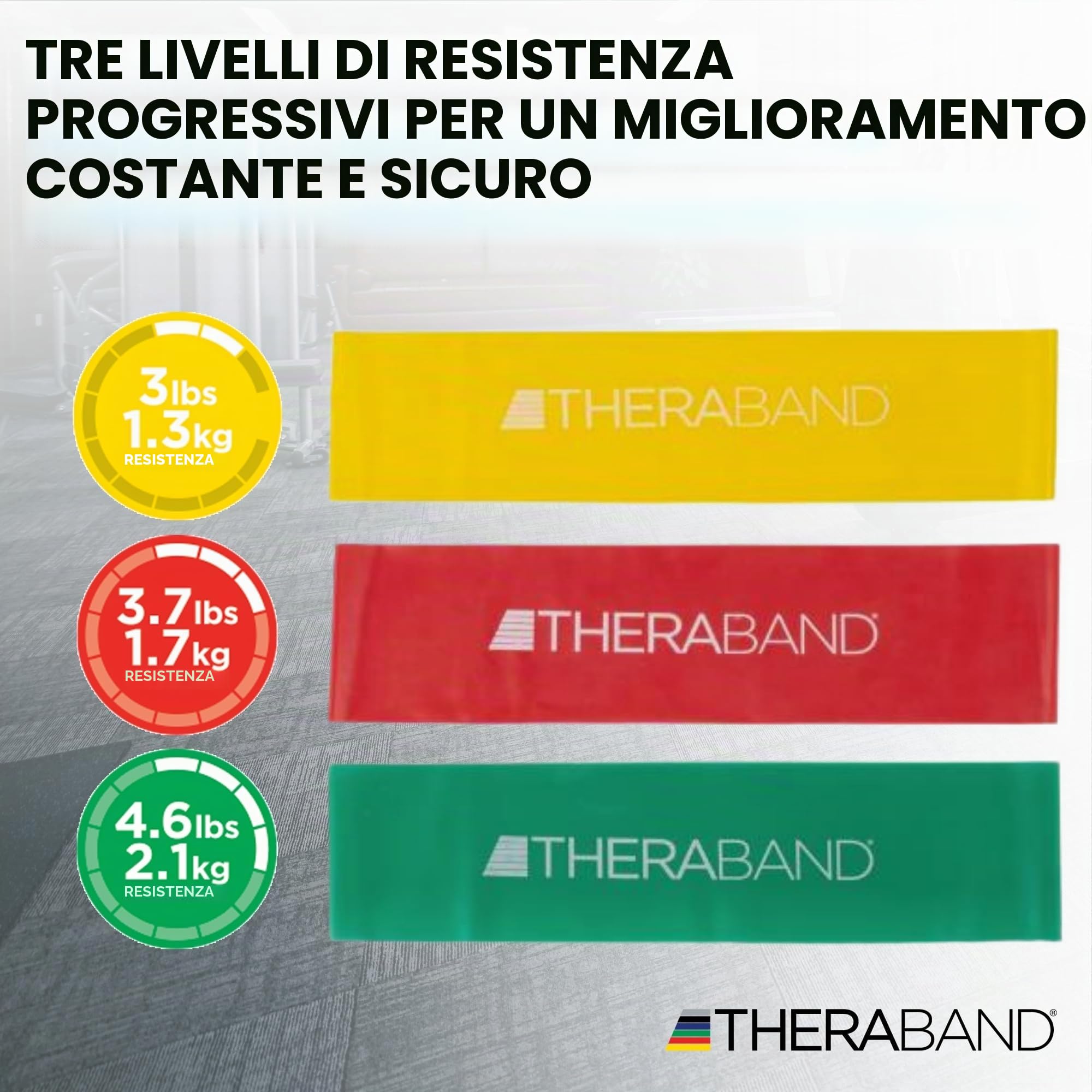 TheraBand Set da 1,50 m, Fascia da Fitness, Fascia Elastica per Allenamento del Corpo, Fascia di Resistenza, Fasce di Allenamento per la casa, Accessori per Il Fitness