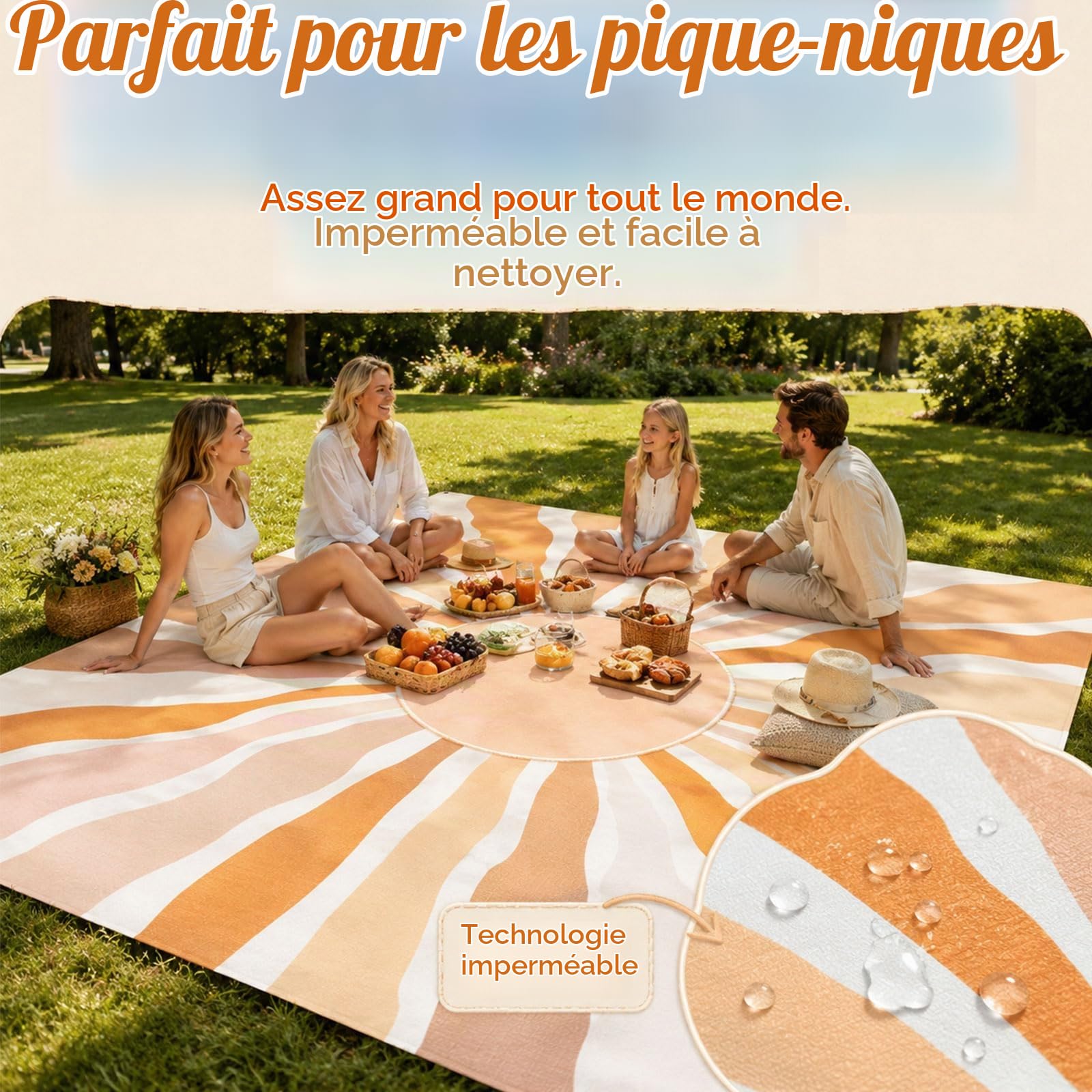 Couverture de plage imperméable et anti-sable – Grande couverture de pique-nique avec piquets de sol et sac de transport – Légère, à séchage rapide et compacte – Tapis de plage pour