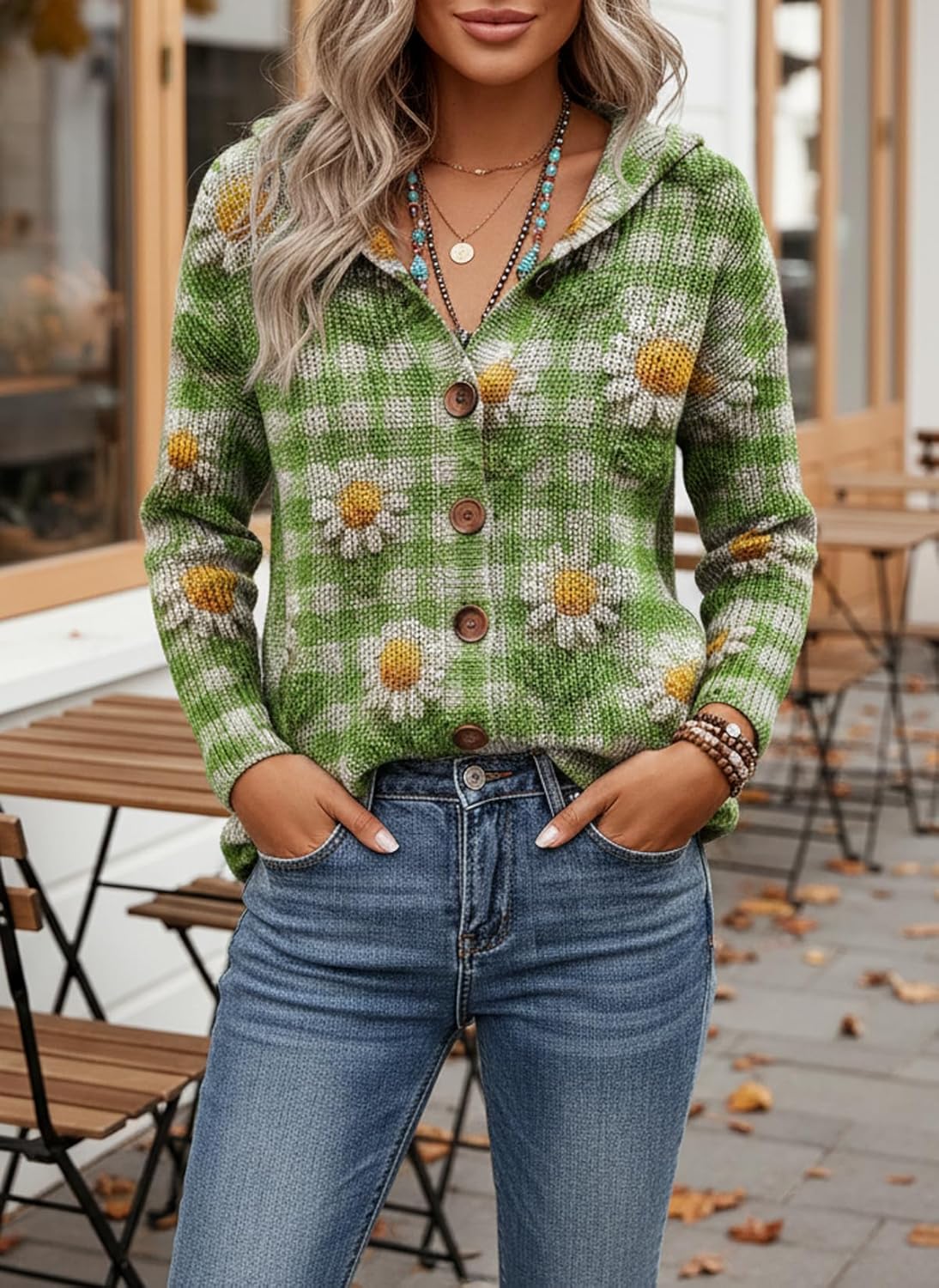 Women's Lightweight Boho Floral Button Down Hooded Knit Cardiagn Hoodies Casual Cute Oversized Long Sleeve Shirt - Image 2
