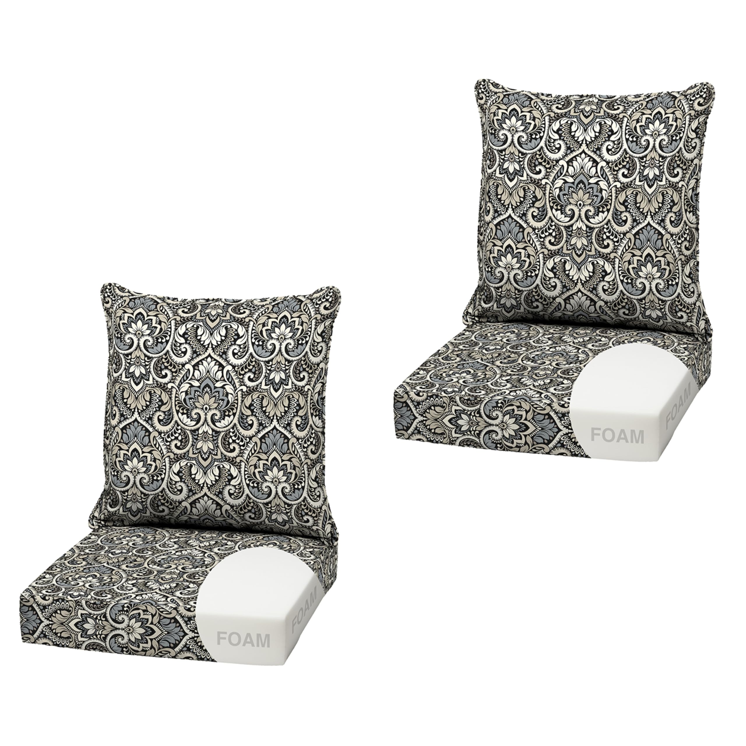 Arden Outdoor Deep Seat Cushion Set, Foam, 2-Pack, 22x24, Black Damask