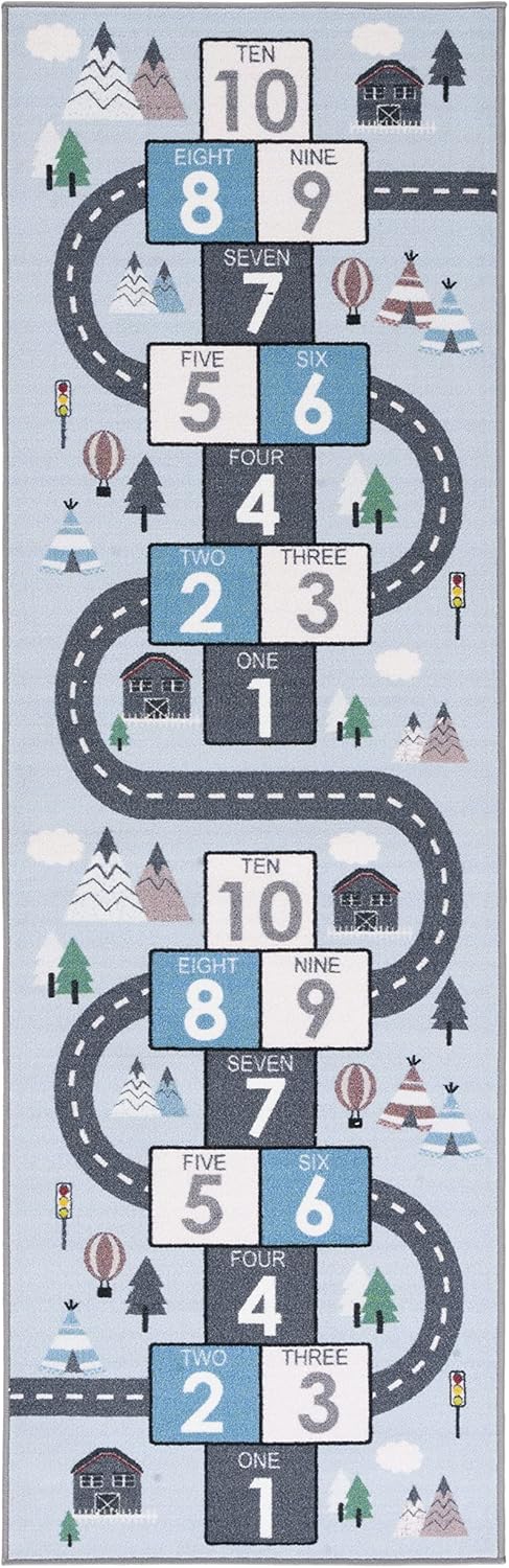 SAFAVIEH Washable Rug Kids Playhouse Collection - 2'2" x 12' Runner, Grey & Blue, Slip Resistant & Easy to Clean, Ideal for Kids Room, Playroom, Nursery, Boys & Girls Room (KPH226F)