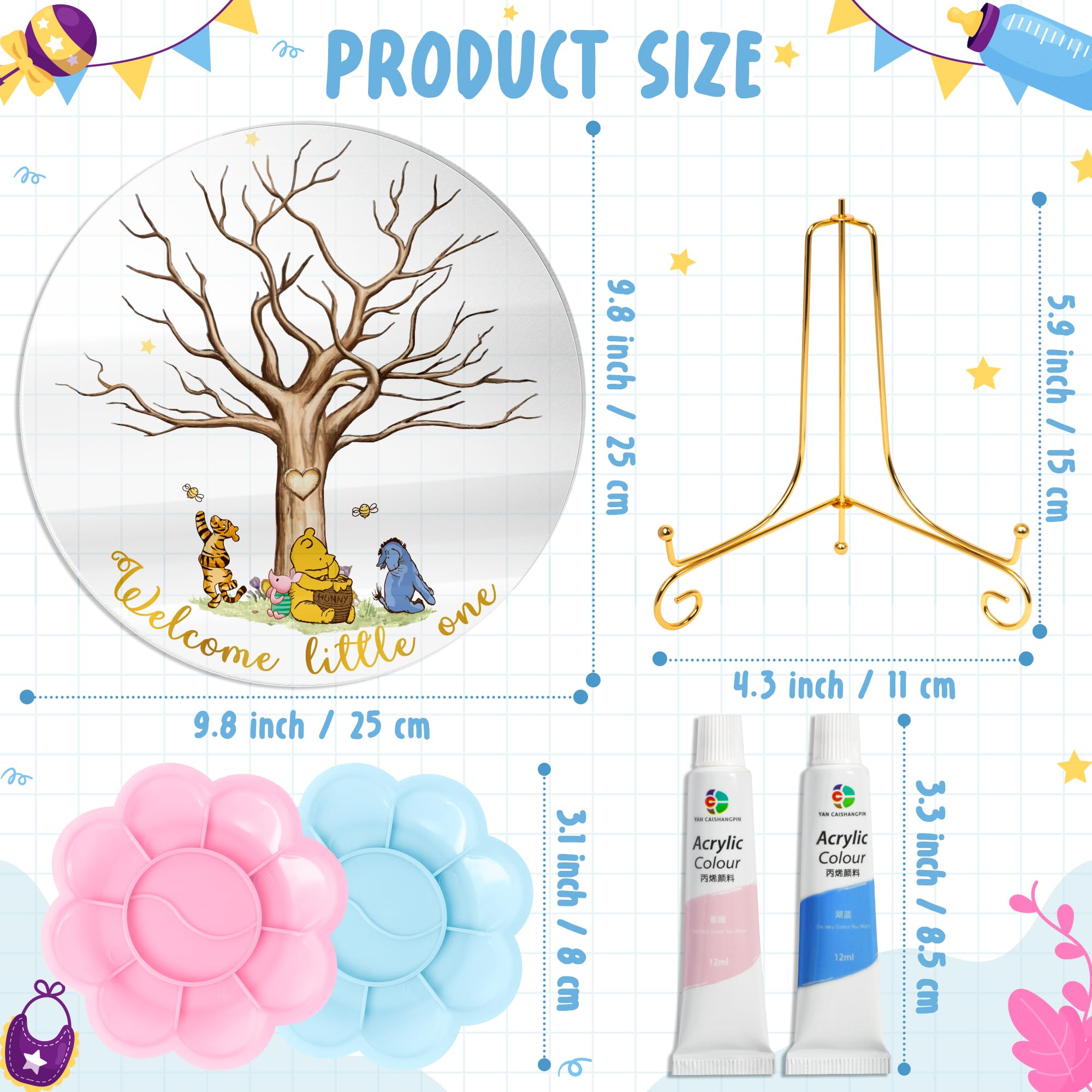 Z1juce Gender Reveal Fingerprint Tree - Winnie Gender Reveal Acrylic Keepsake Fingerprint Tree Guest Book for Baby Shower Ideas Baby Gender Reveal Party with Paints to DIY Meaningful Fingerprint Tree