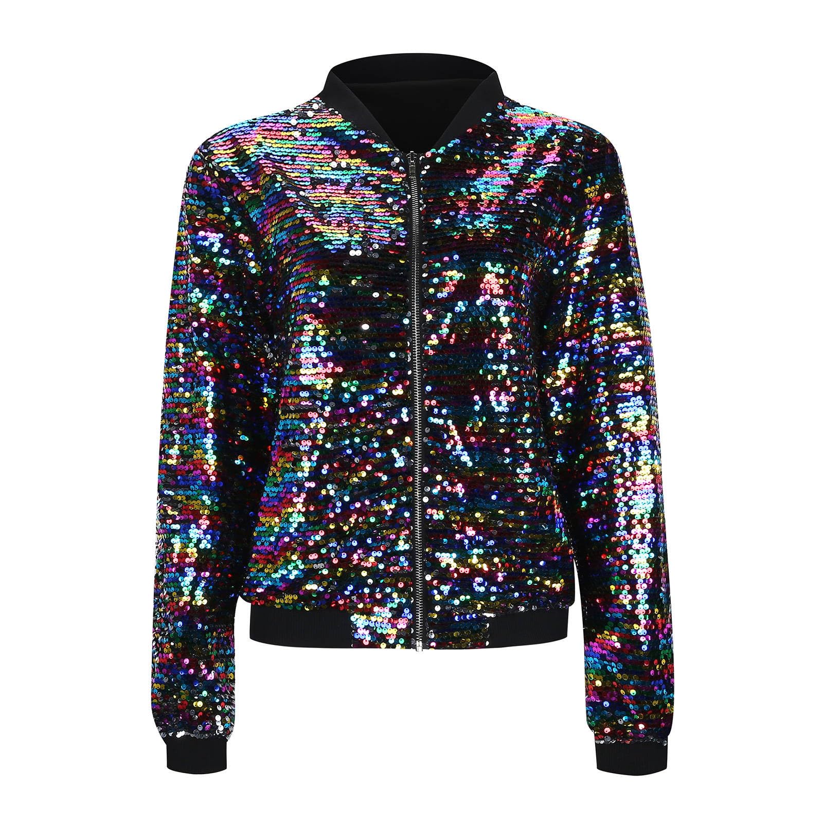 Pailletten Jacke Damen Bunt Glitzer Bomberjacke Glitzernde Jacken Langarm Glänzend Glitzer Bomber Jacke Kurzer Reißverschlussmantel Pailletten Blazer Rave Outfit Metallisches Festival Mantel Jacket