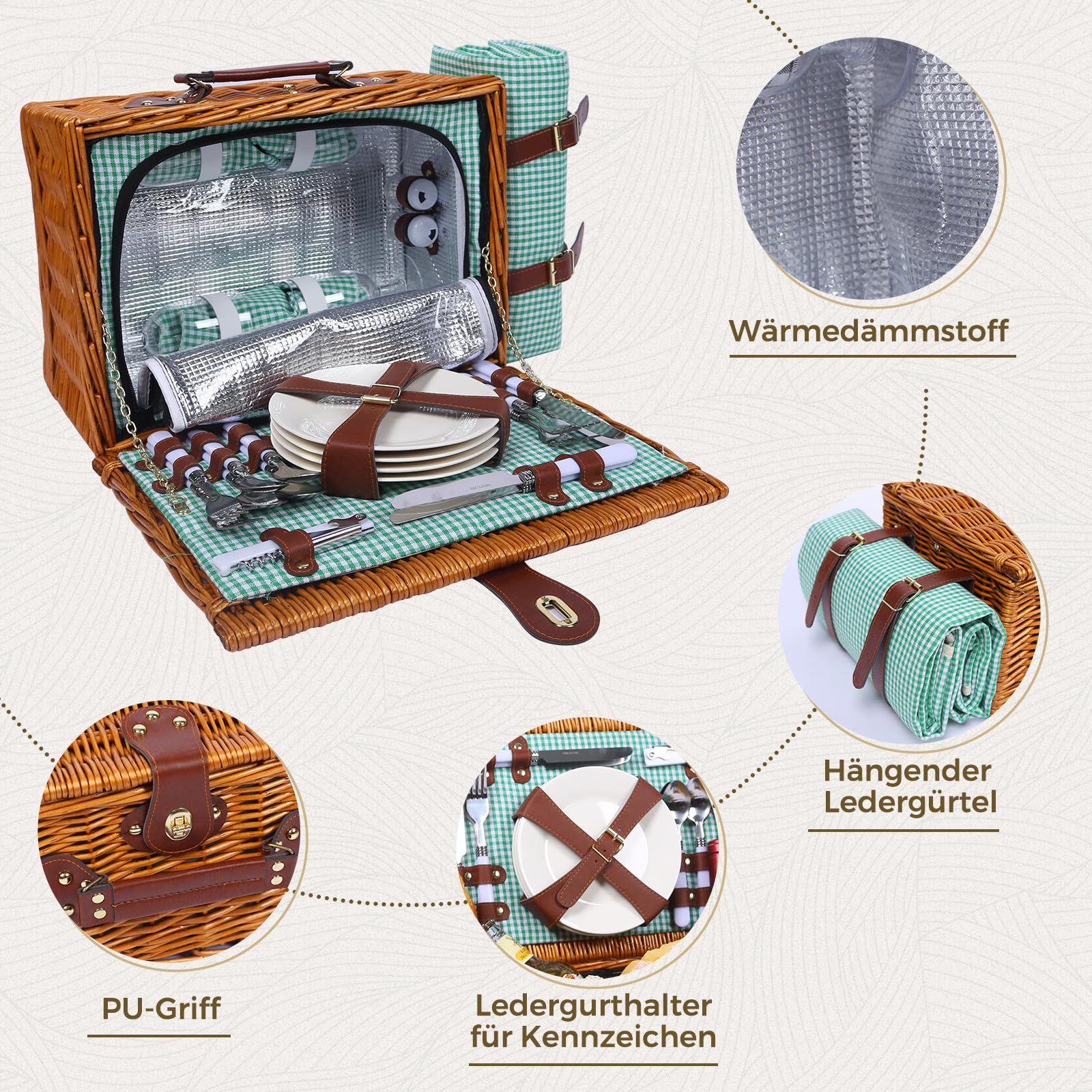 Juego de cesta de picnic para 4 personas con compartimento refrigerador y manta de picnic impermeable, correa extraíble, bolsa de vino, juego de cubiertos, para camping, playa, senderismo,
