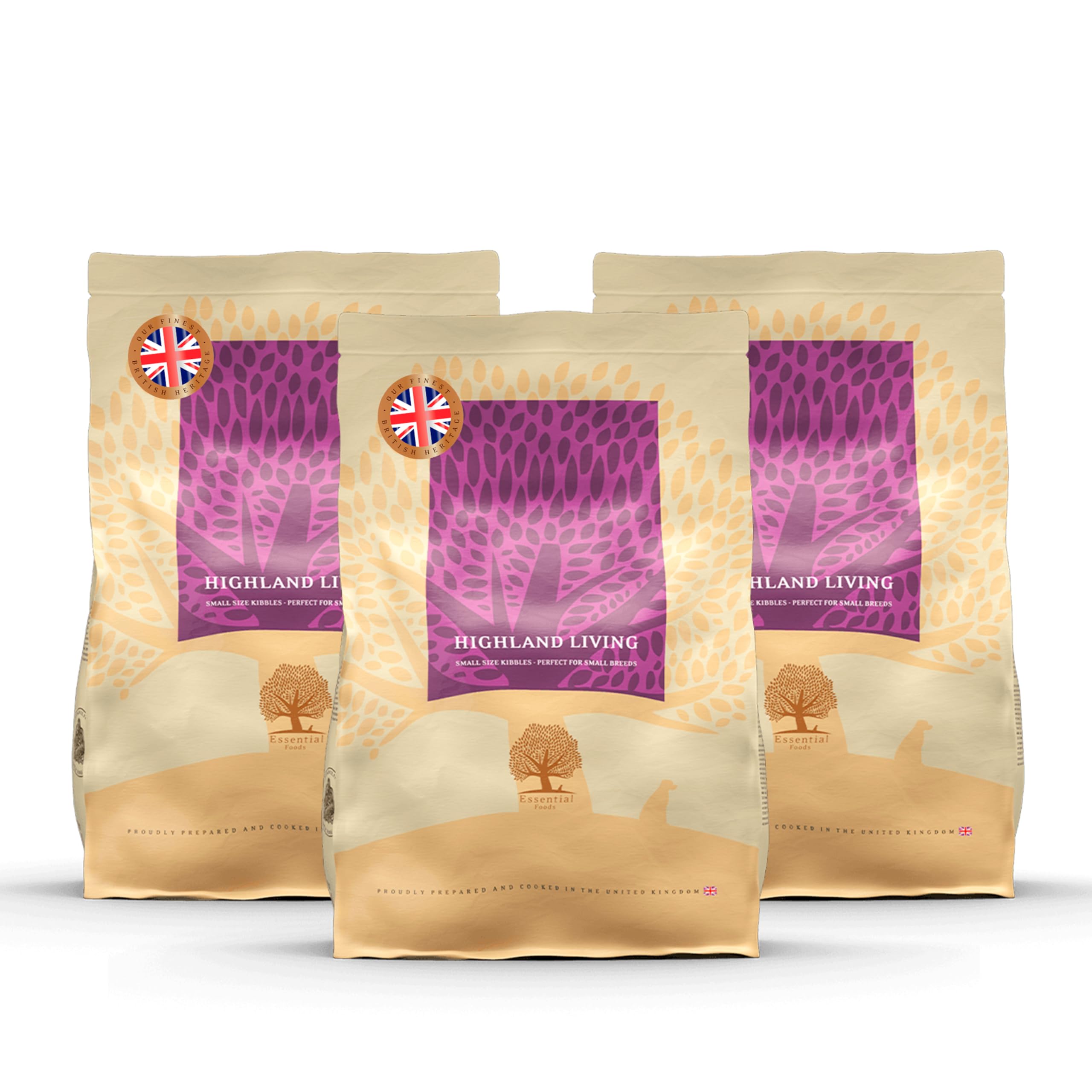 Essential Highland Living 3 x 2,5 kg | Pute, Rind & Lachs | Getreidefrei Hundefutter für kleine Hunde | hoher Fleischanteil | nach dem BOF-Prinzip