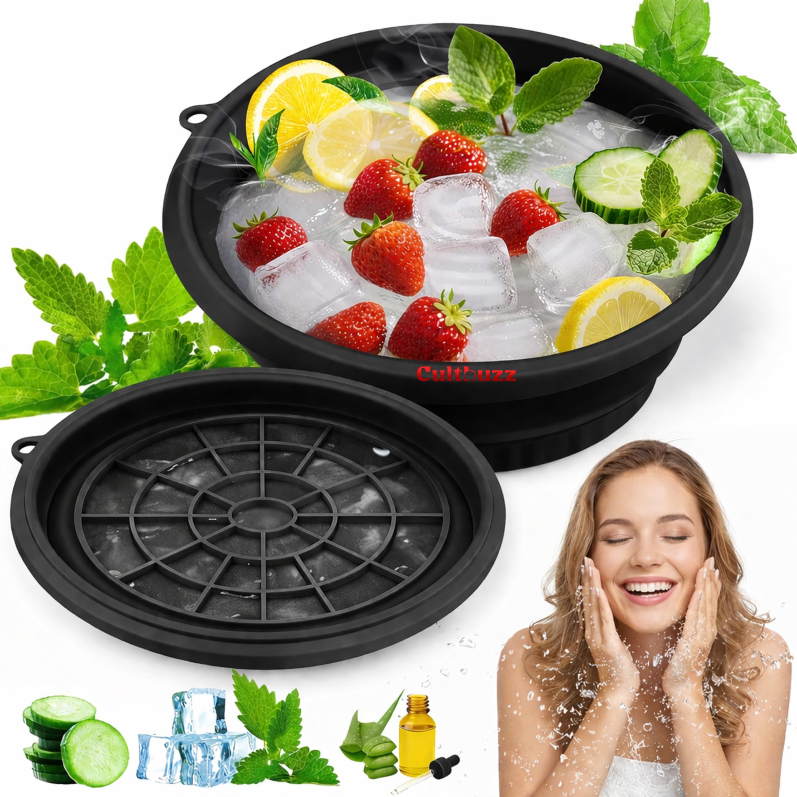 Face Ice Bath Bowl with Ice Tray,Collapsible Silicone Facial Ice Plunge for Skin Tightening,Pores,Acne Relief, Reusable Cold Therapy Spa Tool for Glowing Skin, Portable (Black-Pack of 1) (Black_02)-image-26