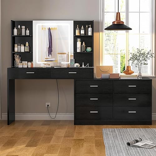 FIONESO Escritorio de maquillaje con espejo de luz LED y toma de corriente, 8 cajones, 6 estantes de almacenamiento, 3 modos de color y tocador de
