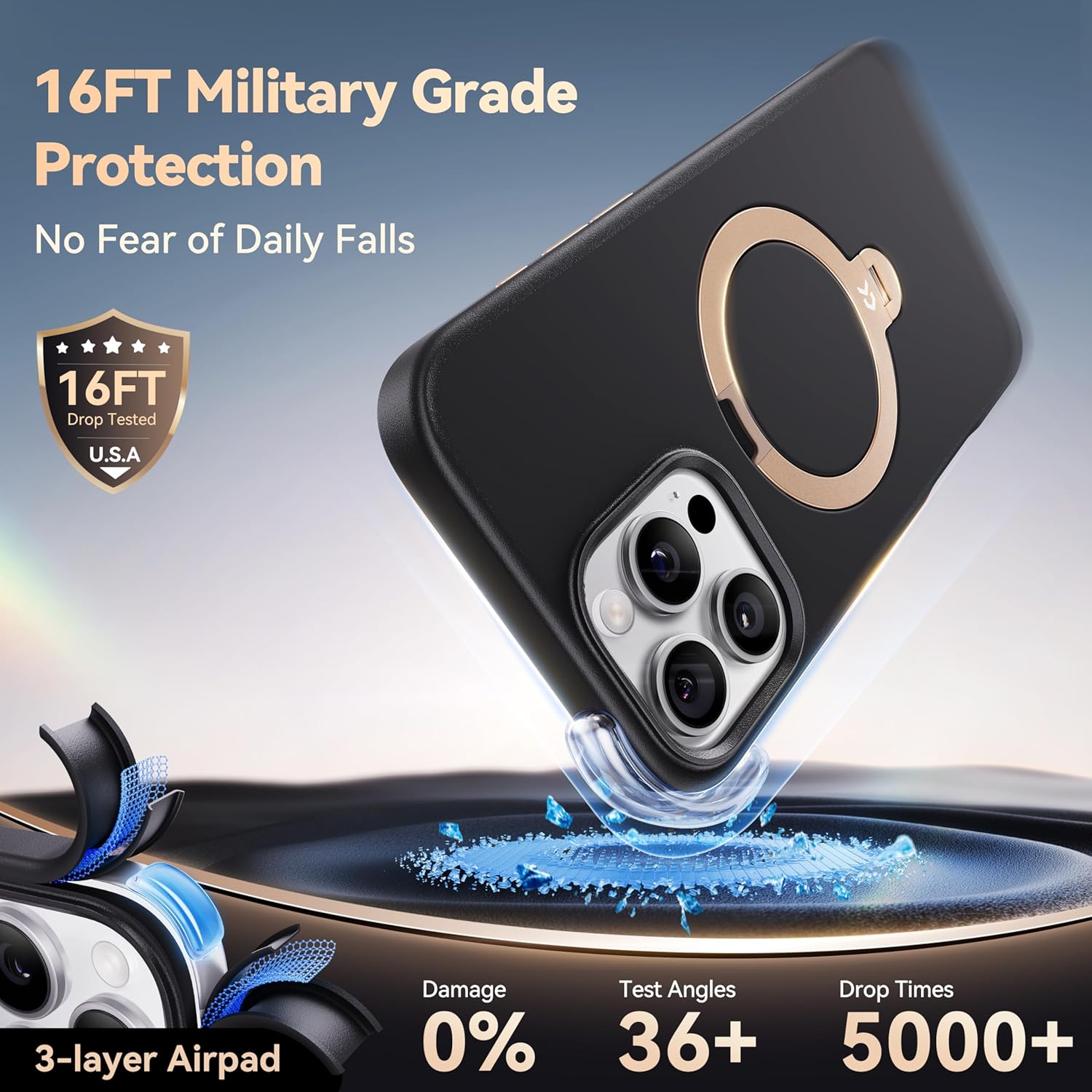 CASEKOO Midnight Black Designed for iPhone 16 Pro Case with Spin Magnetic Stand [16FT Military Protection] [Non-Slip Edge] [Fit for MagSafe] Shockproof for iPhone 16 Pro Case with Stand 6.3'' - Image 7