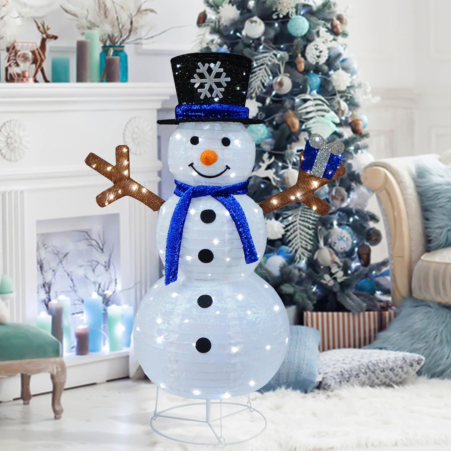 Outdoor Snowman Lighted, Pop-Up Snowman Outdoor Yard Christmas Decorations Prelit 100 Lights, Collapsible Lighted Snowmen Wears Blue Scarf and Holds Light Up Gift Box for Home Porch Yard Décor-Blue