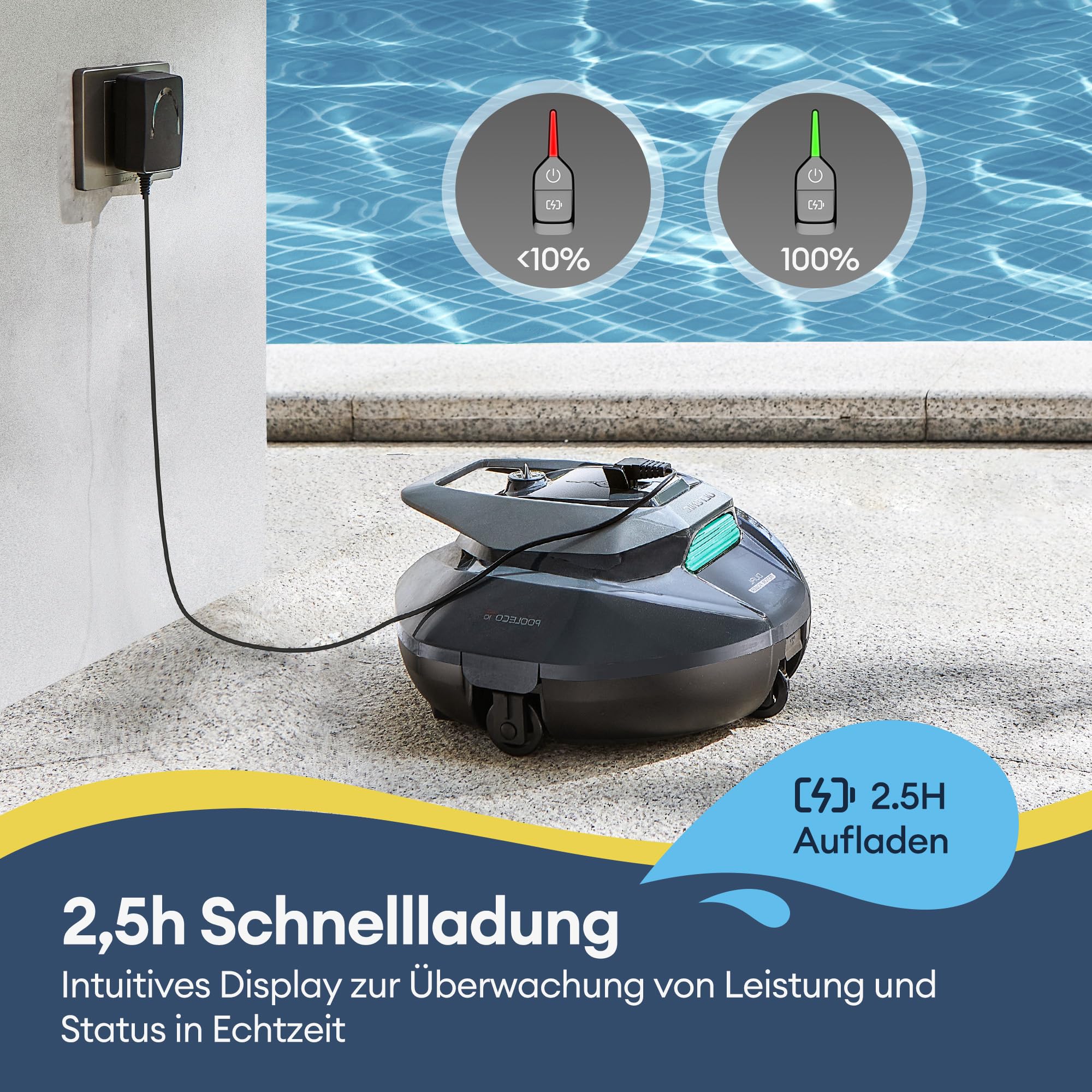 Ultenic Pooleco 10s Poolroboter, Poolroboter Akku mit 3 Motoren, 90Min, 80㎡, Fernbedienung und App-Steuerung, Automatisches Parken, Geeignet für alle Arten von Schwimmbadoberflächen