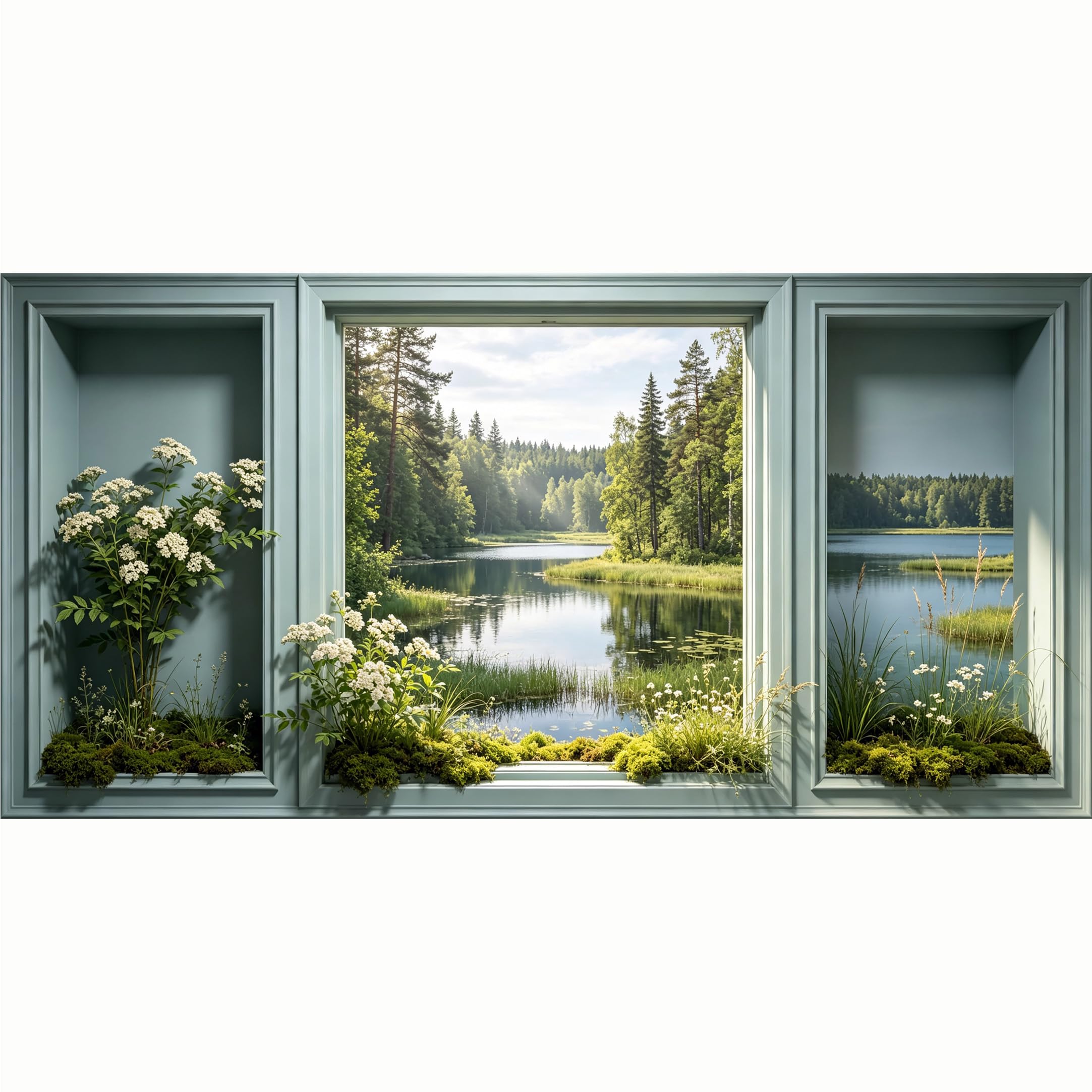 QZLITHOTIC 50x100cm 3D Framed Wall Art， Serene Lake Forest Landscape Botanical Window View Self‑Adhesive Mural， Water‑Activated Peel & Stick Fabric Decor Wall Decal for Bedroom Living Room