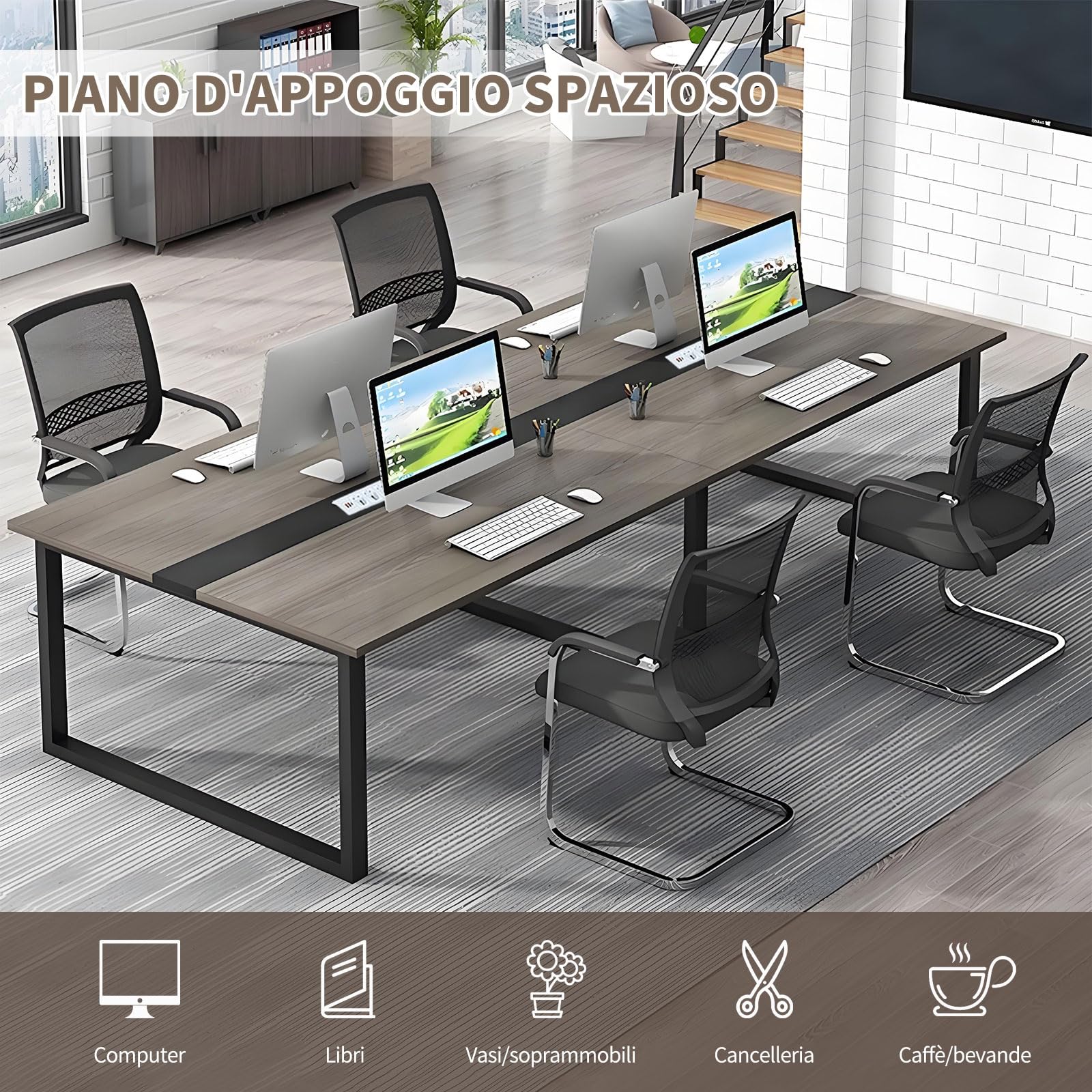 Tavolo Riunioni Moderno con Passacavi Integrato, Tavolo da Conferenza Rettangolare in Metallo Nero per 8–12 Persone, Ideale per Ufficio, Sala Conferenze e Seminari